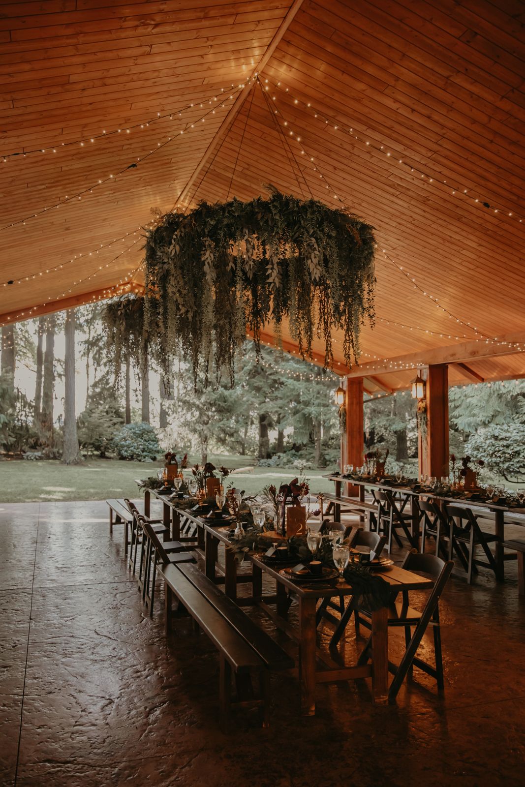 Decorated wedding reception space at Evergreen Gardens in Ferndale, WA.