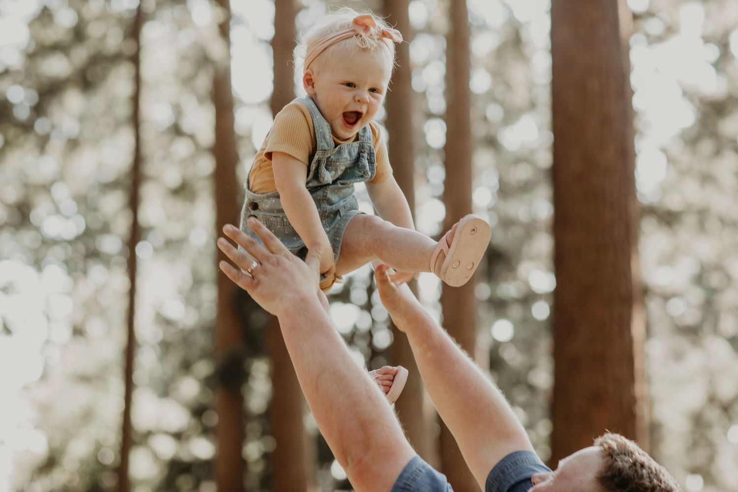 A joyful moment captured in a sunlit forest as someone lifts a small child high into the air.