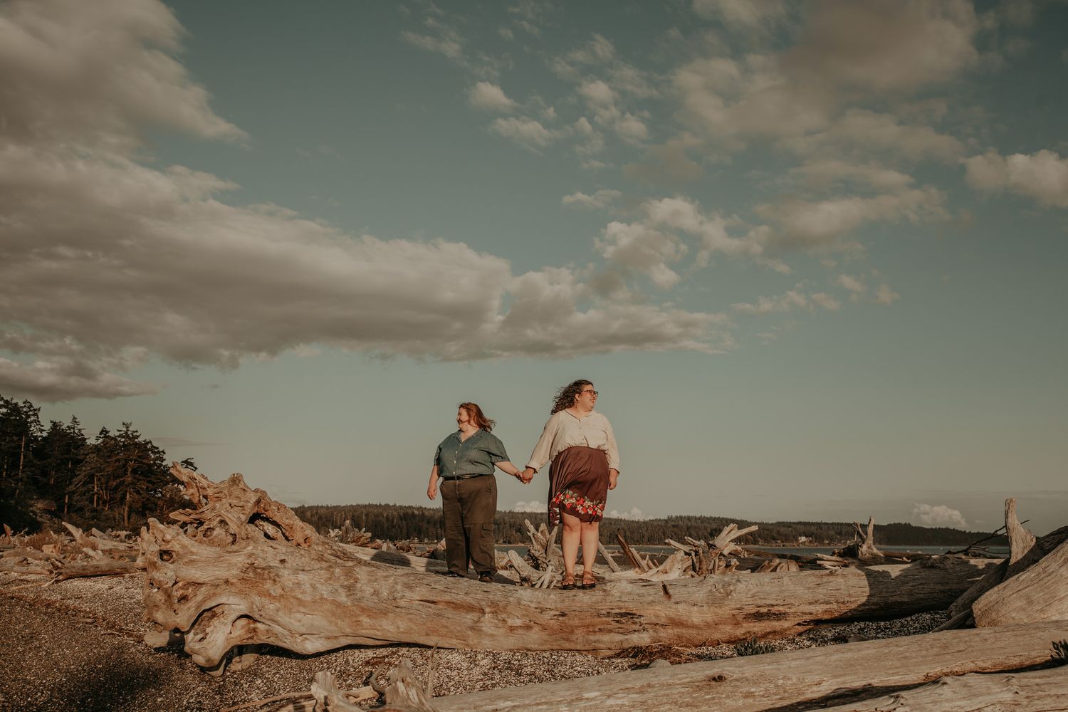 Two people hold hands while standing on driftwood logs with a scenic sky backdrop during an outdoor engagement session.