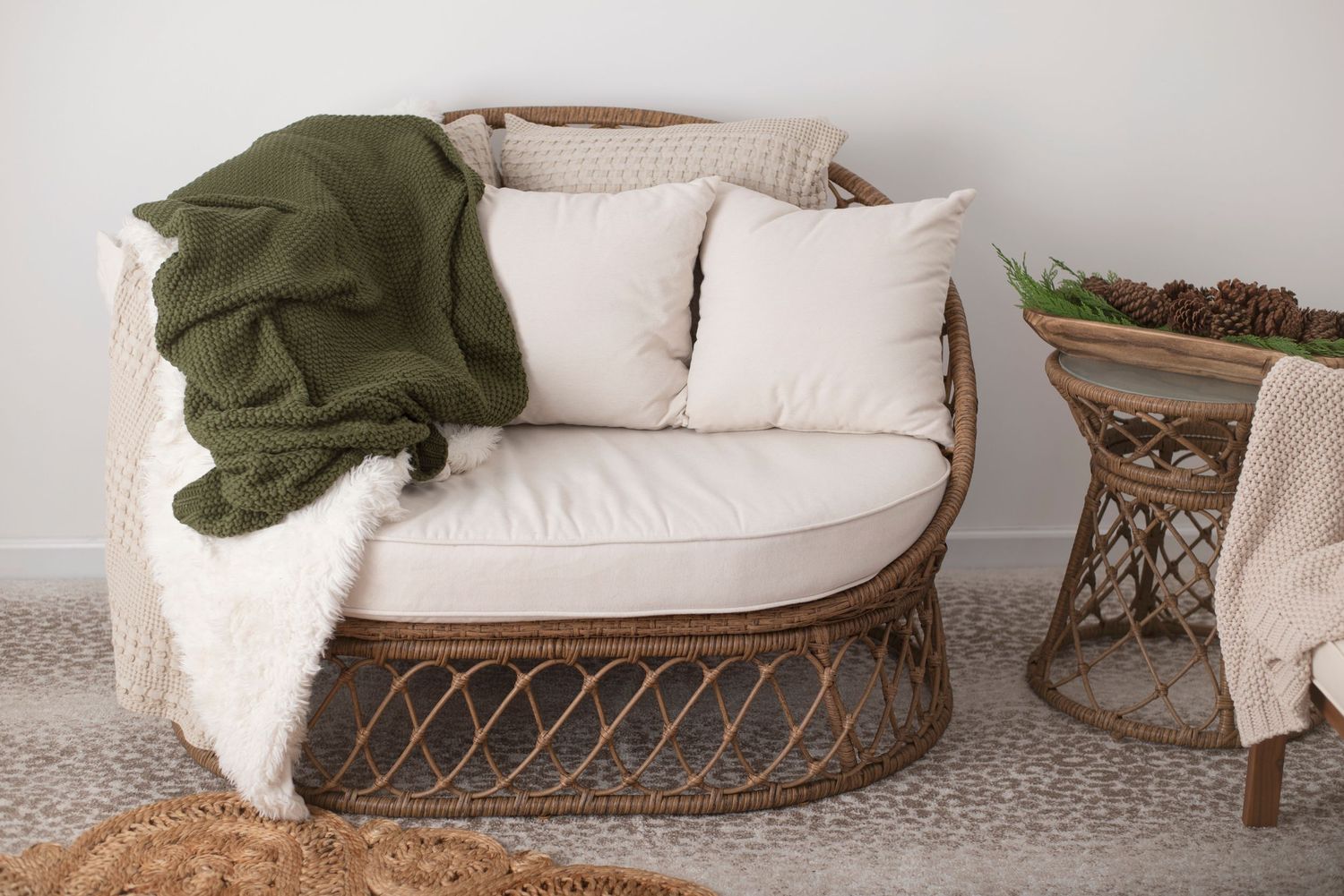 Cozy photography studio in Exeter, Rhode Island featuring soft seating ,neutral decor and warm textures. Rhode Island Photographer