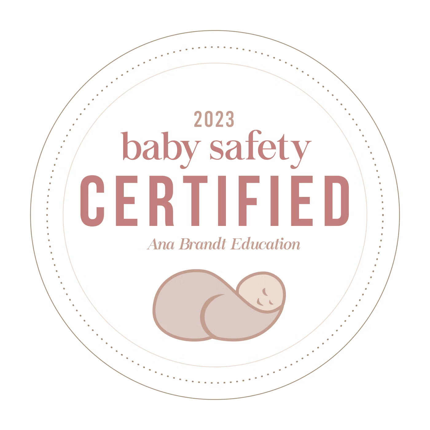 A 2023 baby safety certification badge with a sleeping baby icon in soft pink and gray tones.
