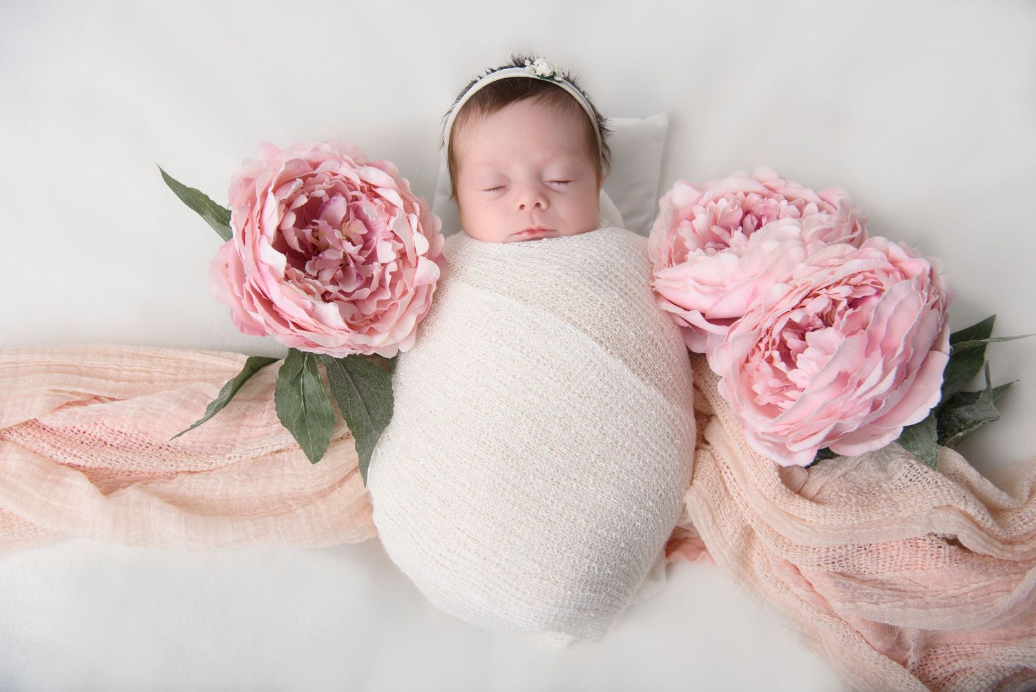 A soft pink rose border frames white decorative elements with a delicate feminine aesthetic and vintage styling.