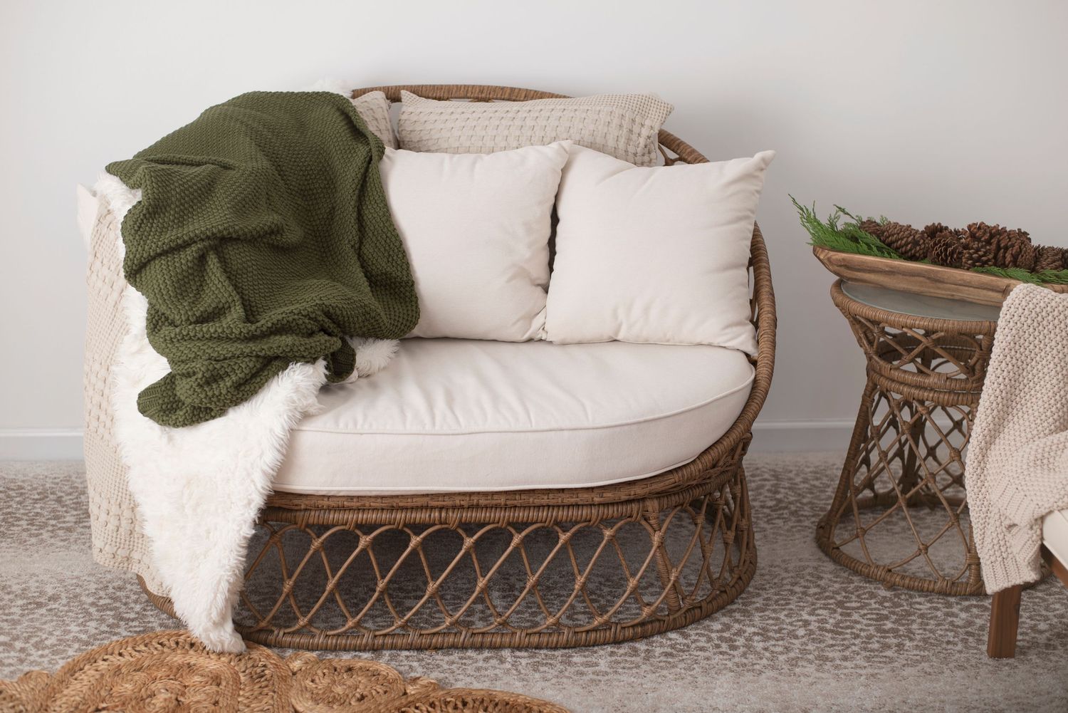Cozy rattan loveseat with plush white cushions, olive throw blanket, and matching side table in a minimalist setting. RI Photographer