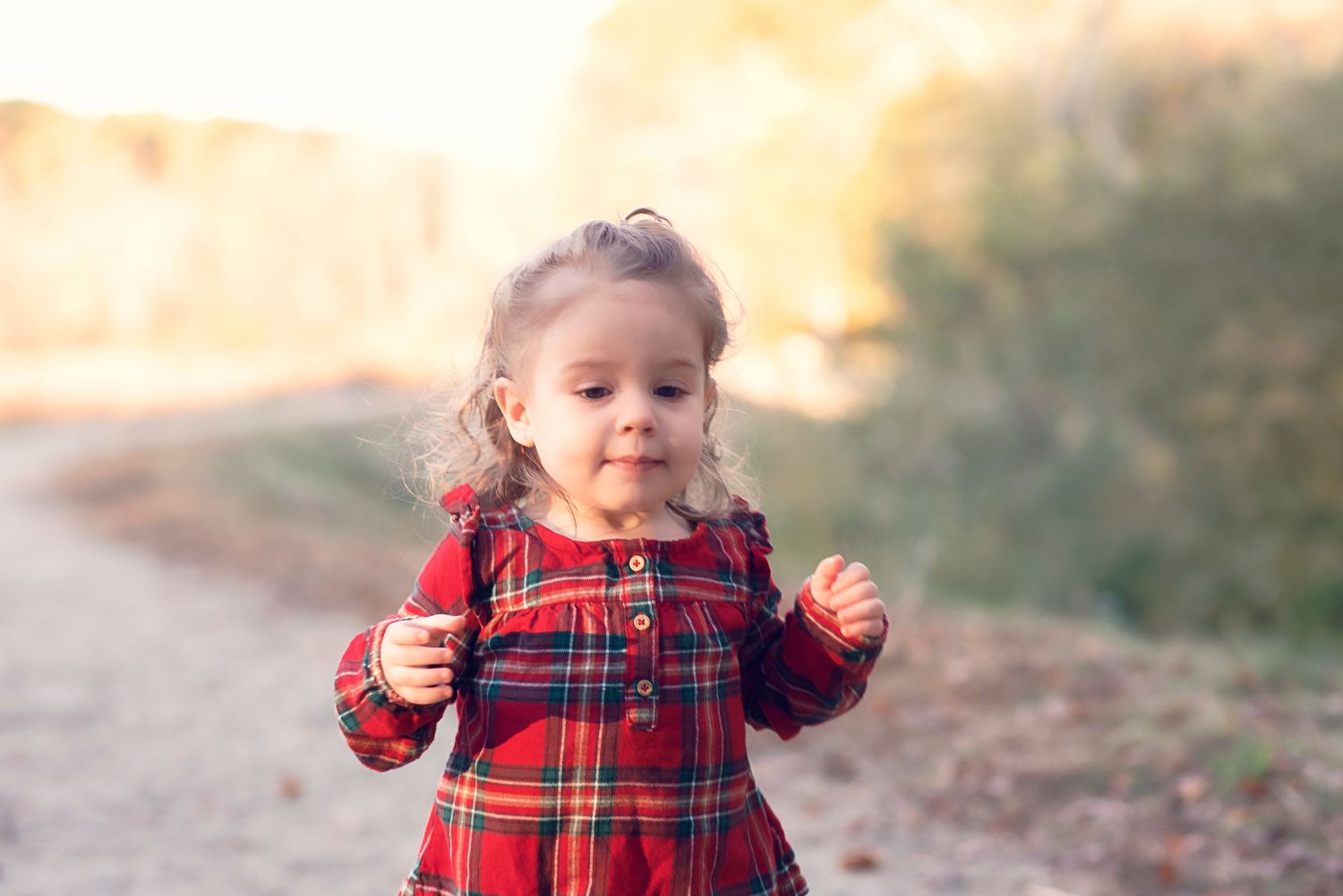 A small child in a red plaid dress walks along a dirt path during golden hour.