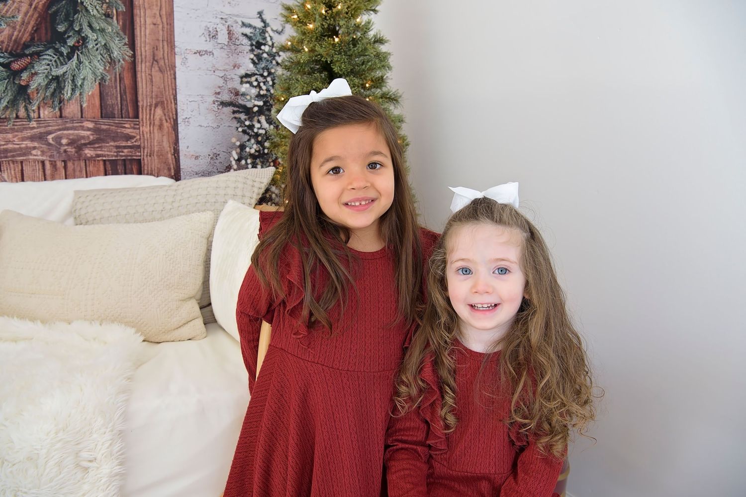 A group of photos showing children in matching burgundy sweaters posing and playing together.