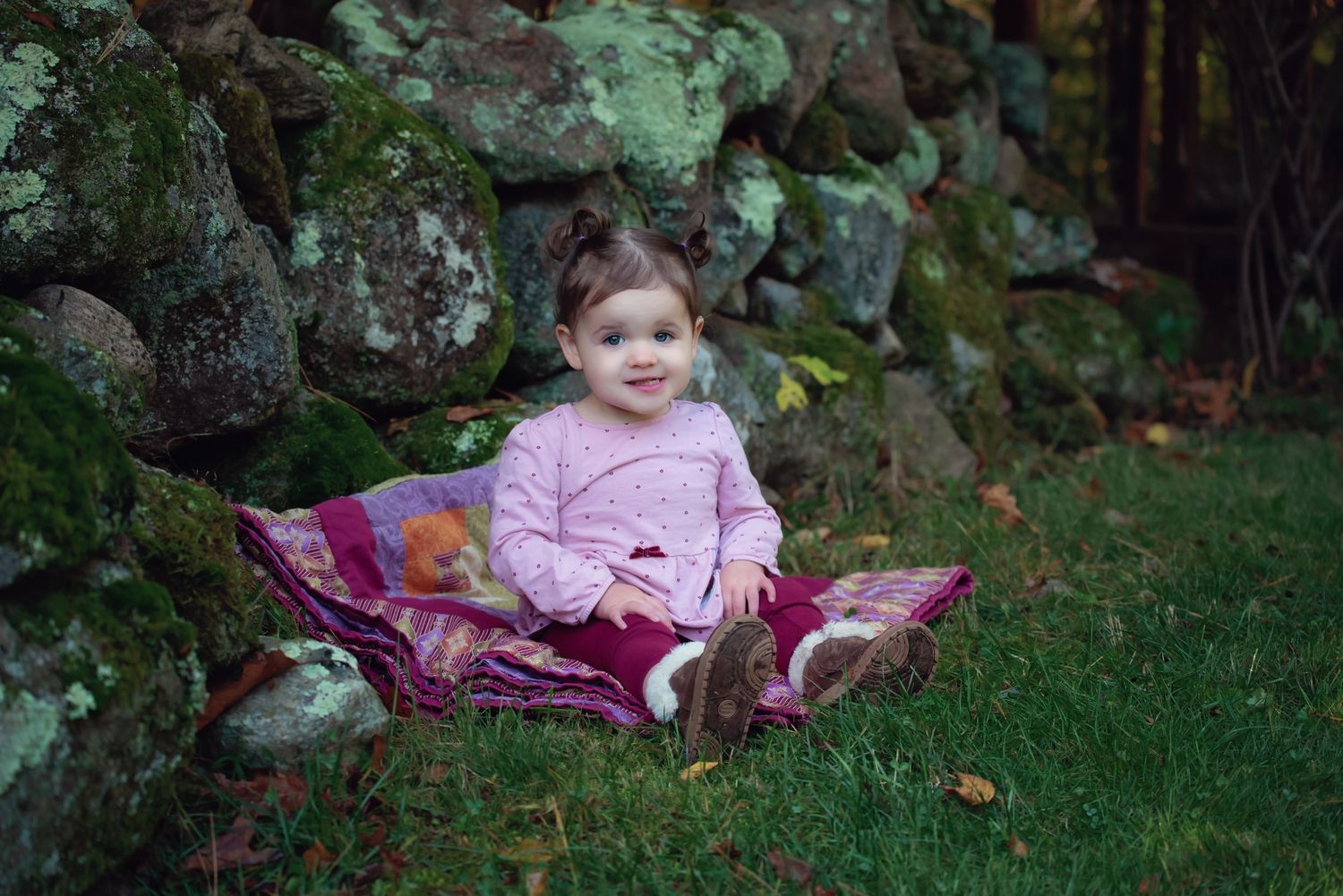 A montage of six photos showing a child in a pink tutu dress playing in a garden setting with natural fall scenery.