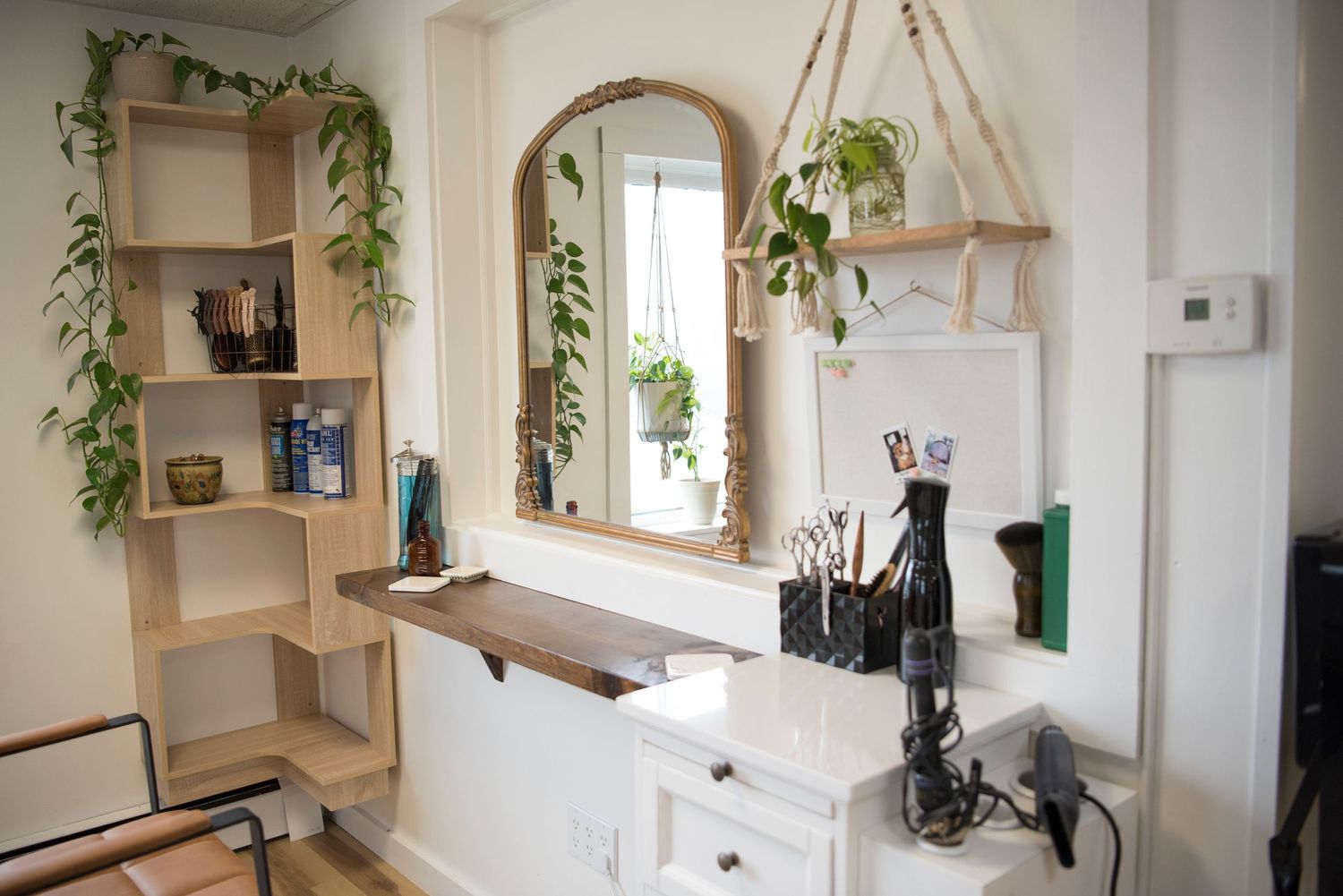 Minimalist beauty salon interior with wooden shelves, hanging plants and natural light streaming through arched window.