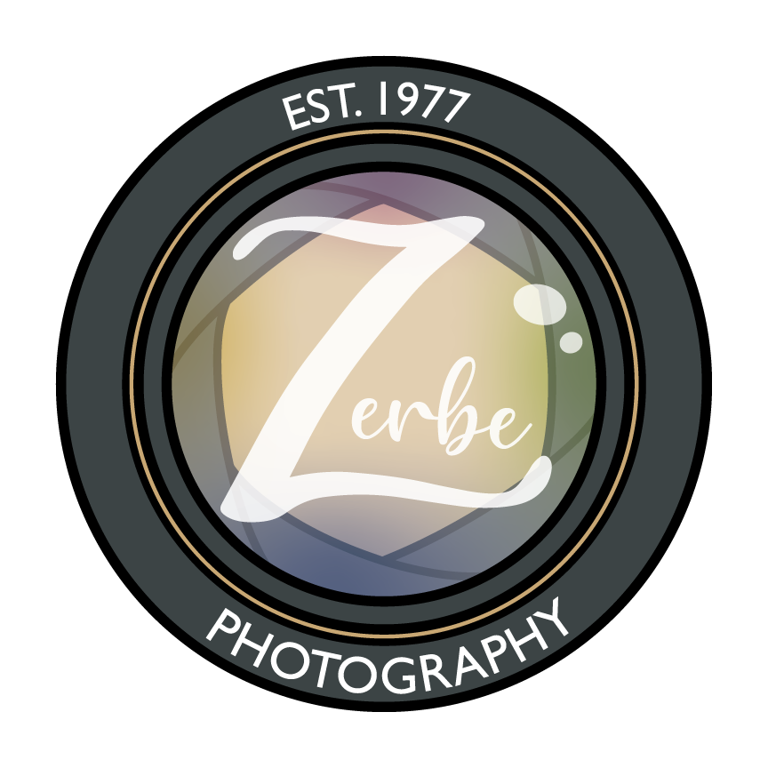 Zerbe Photography logo, featuring a camera lens design with 