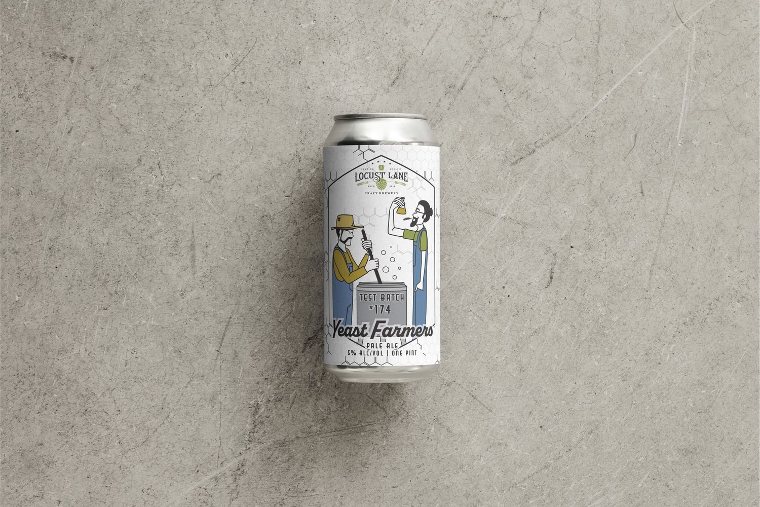 Image of a beer can featuring an illustration of two people dressed like farmers using brewing equipment to make a Test Batch  on white back