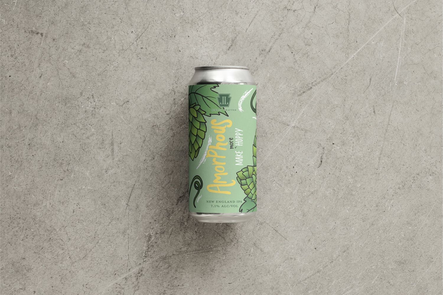 Image of a beer can with a label with abstract hop cones, vines, and leaves on a green background. Beer name : Amorphous Make (more) Hoppy