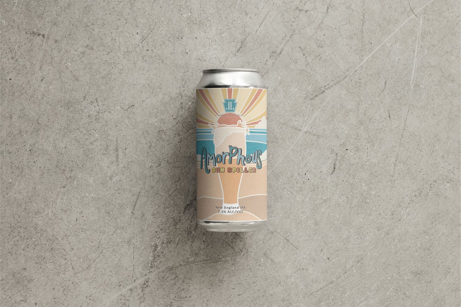 Image of a beer can with a label with a retro image of the sun setting into a beer glass on the beach. Beer name : Amorphous Sun Spiller