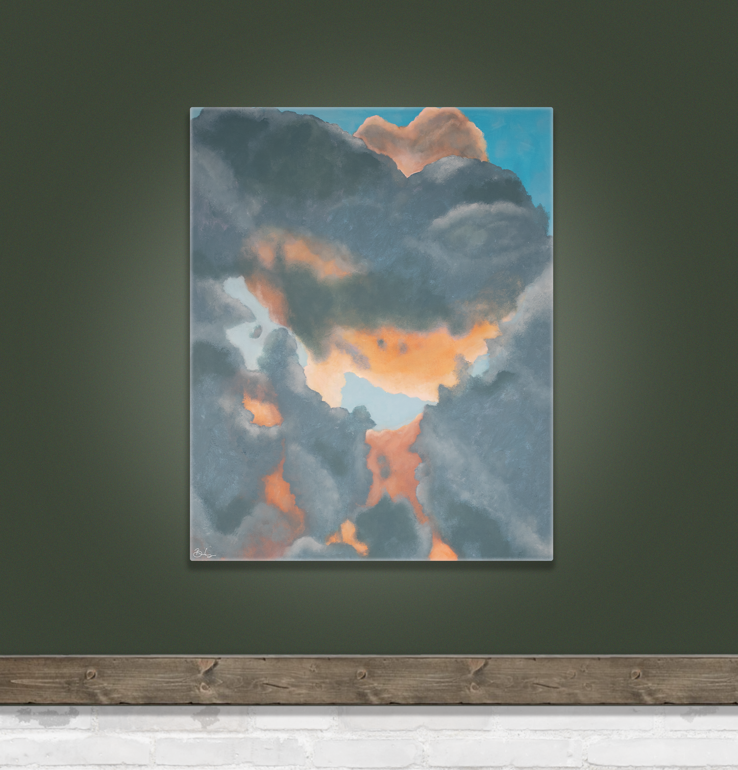 Realistic painting of dramatic clouds in various shades of grey, blue, and orange, suggesting a sunset or sunrise.