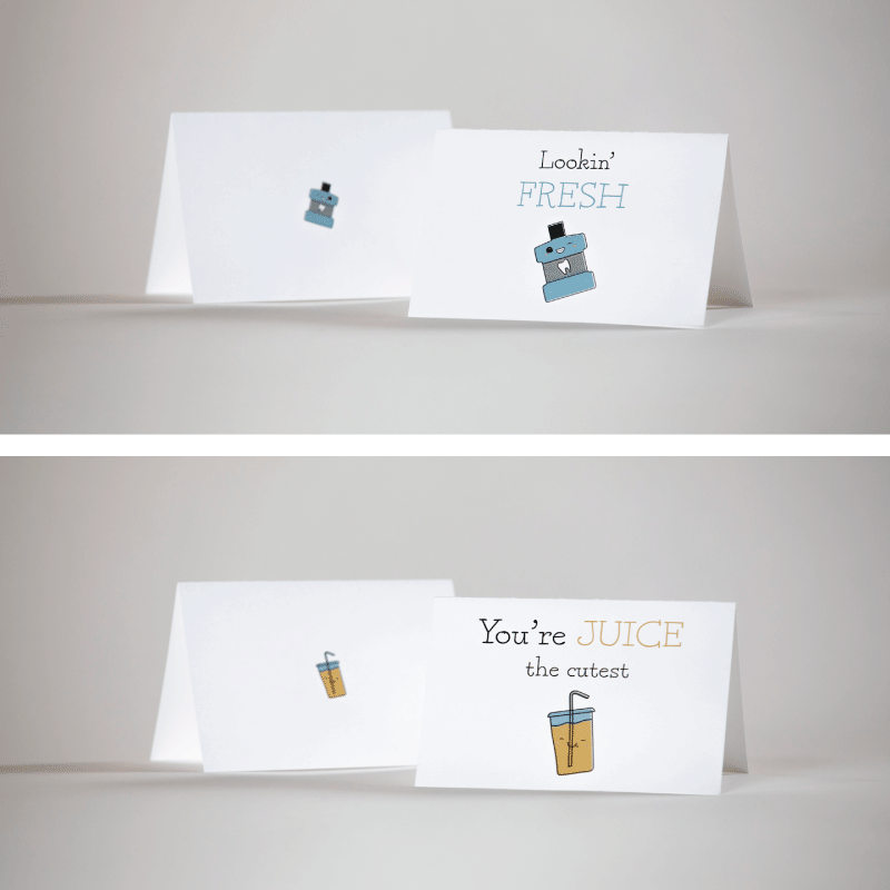 Two small greeting cards displayed, both with small illustrations of household objects and a pun written below.