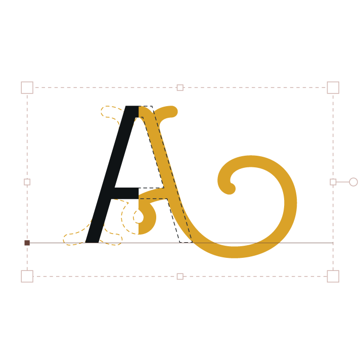 Typography design: Black and decorative gold 'A' in a design software interface.
