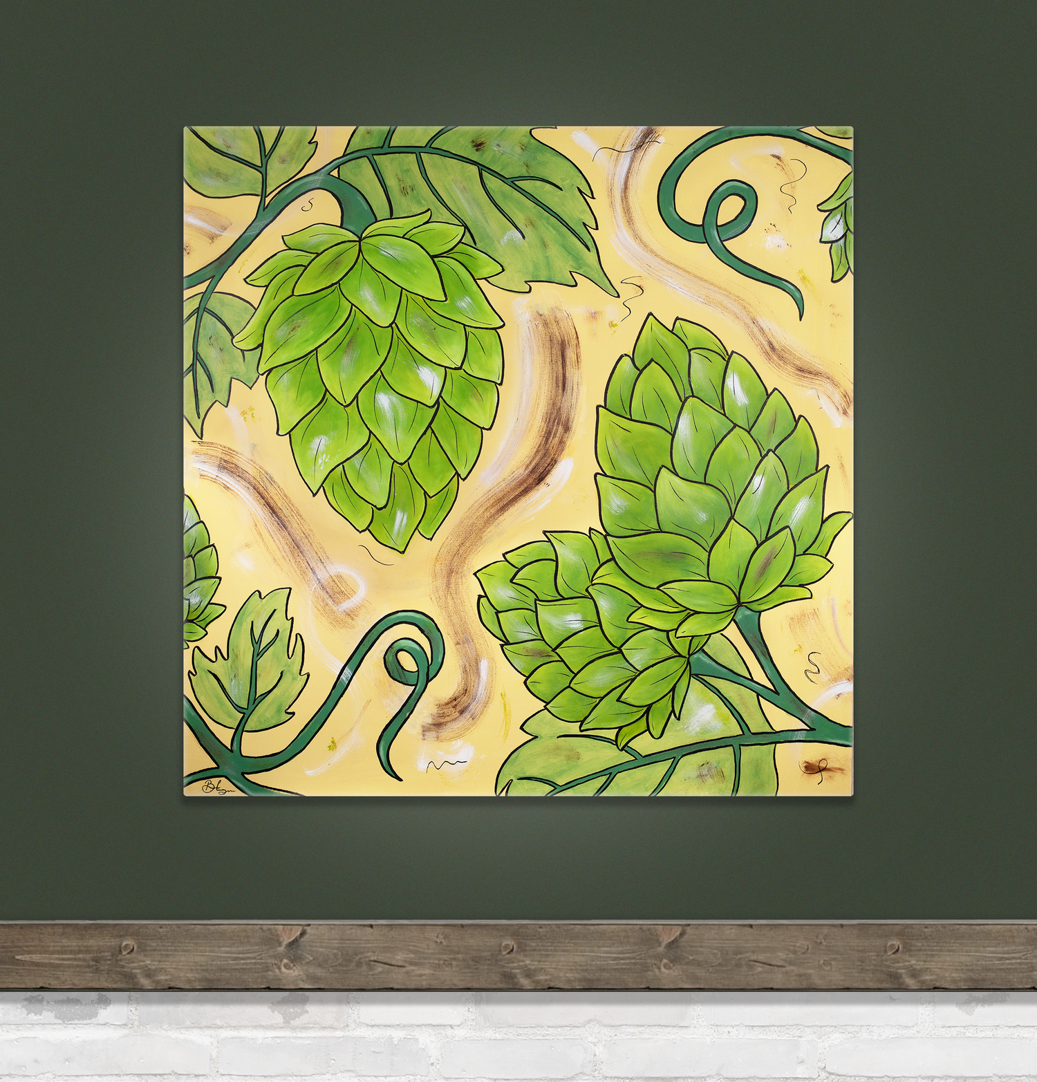 Abstract painting featuring green hops cones and swirling vines with leaves, with various paint stroke details, on a pale yellow background.