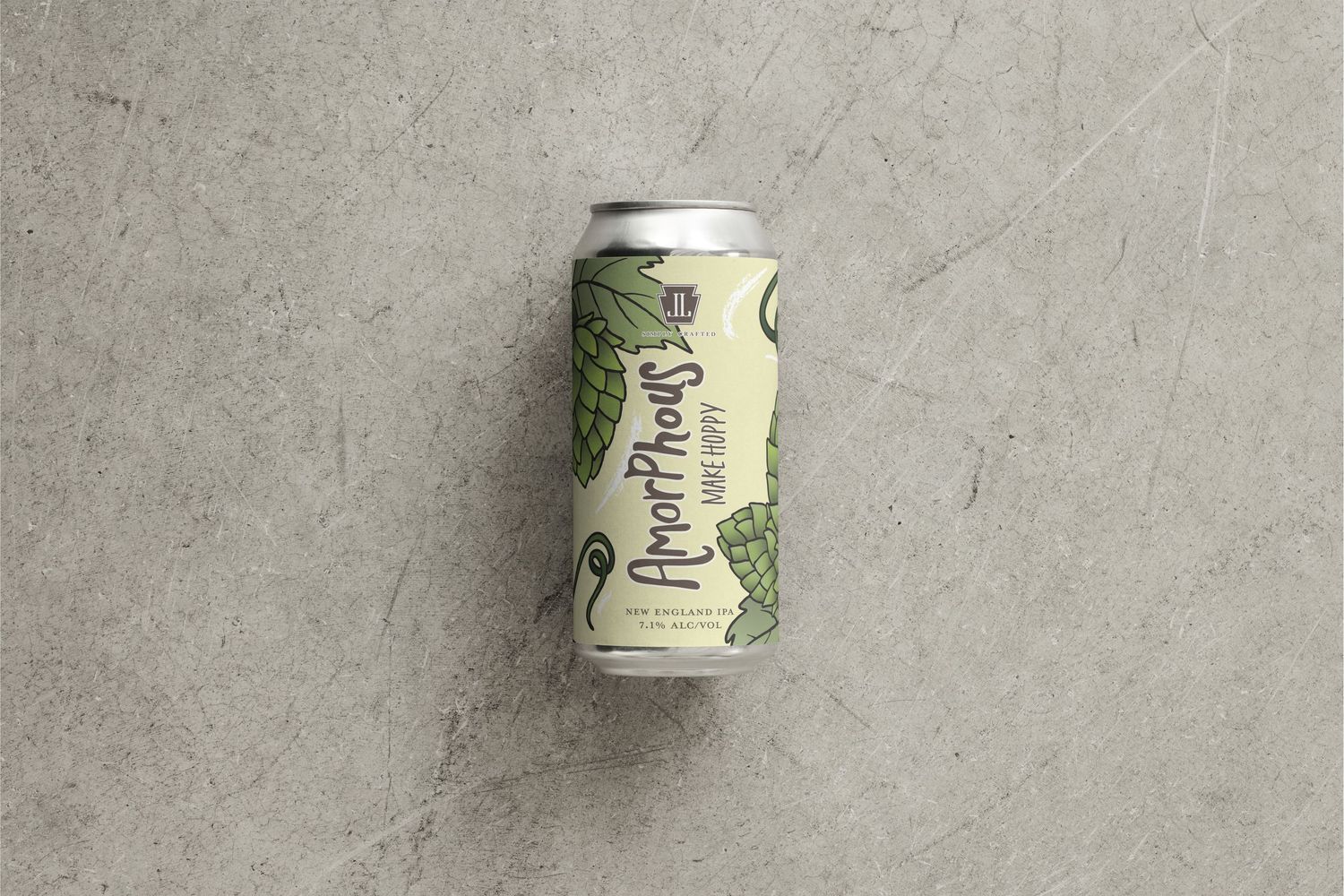 Image of a beer can with a label with abstract hop cones, vines, and leaves on a yellow background. Beer name : Amorphous Make Hoppy