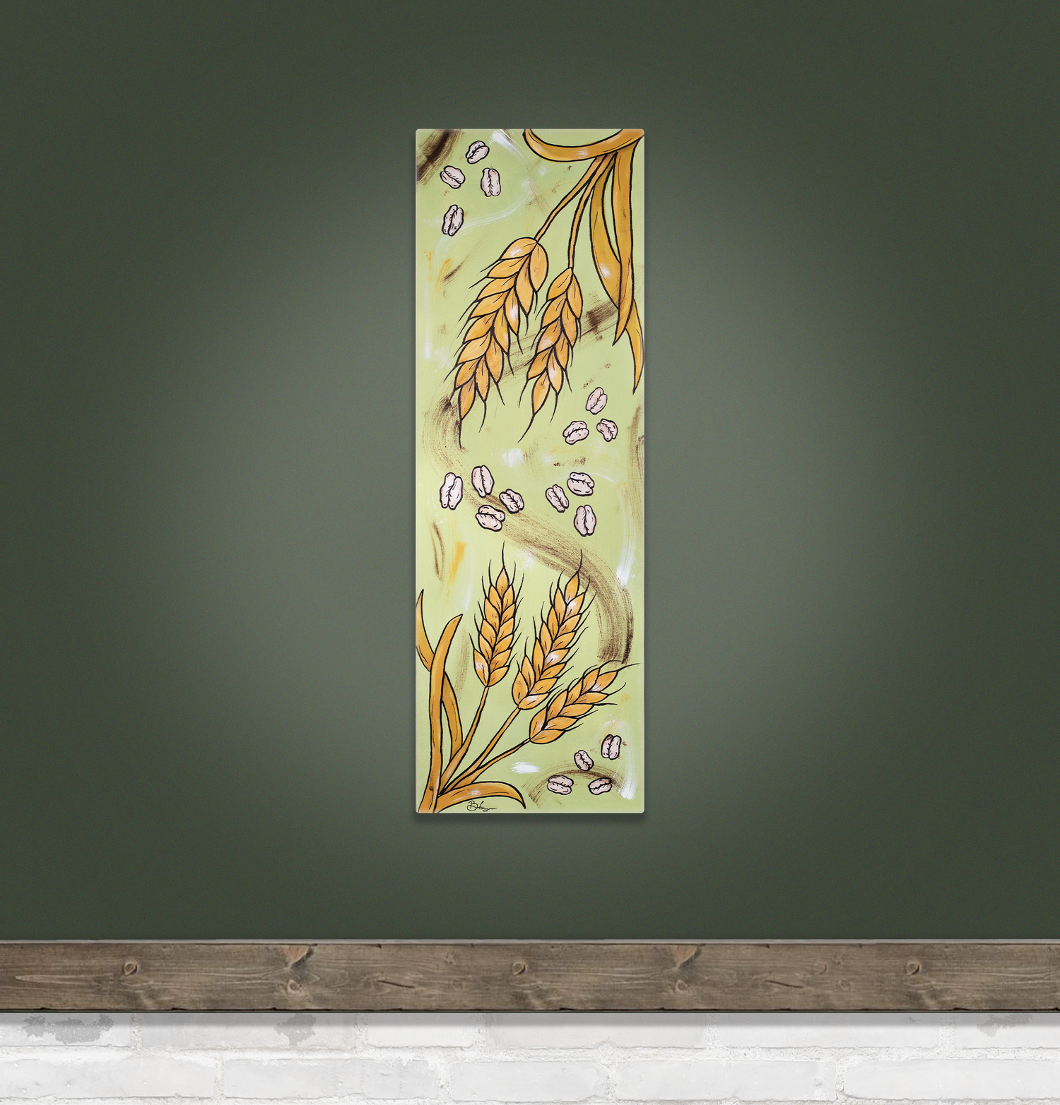 Vertical abstract painting of golden wheat stalks and oats, with various paint stroke details, on a light green background.
