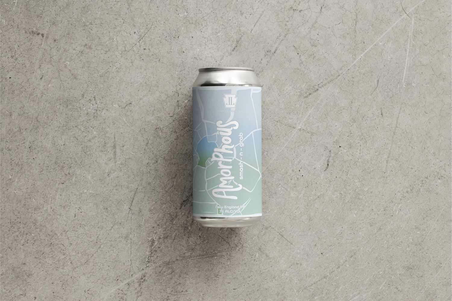 Image of a beer can with a label with a broken glass background. Beer name : Amorphous Smash n Grab