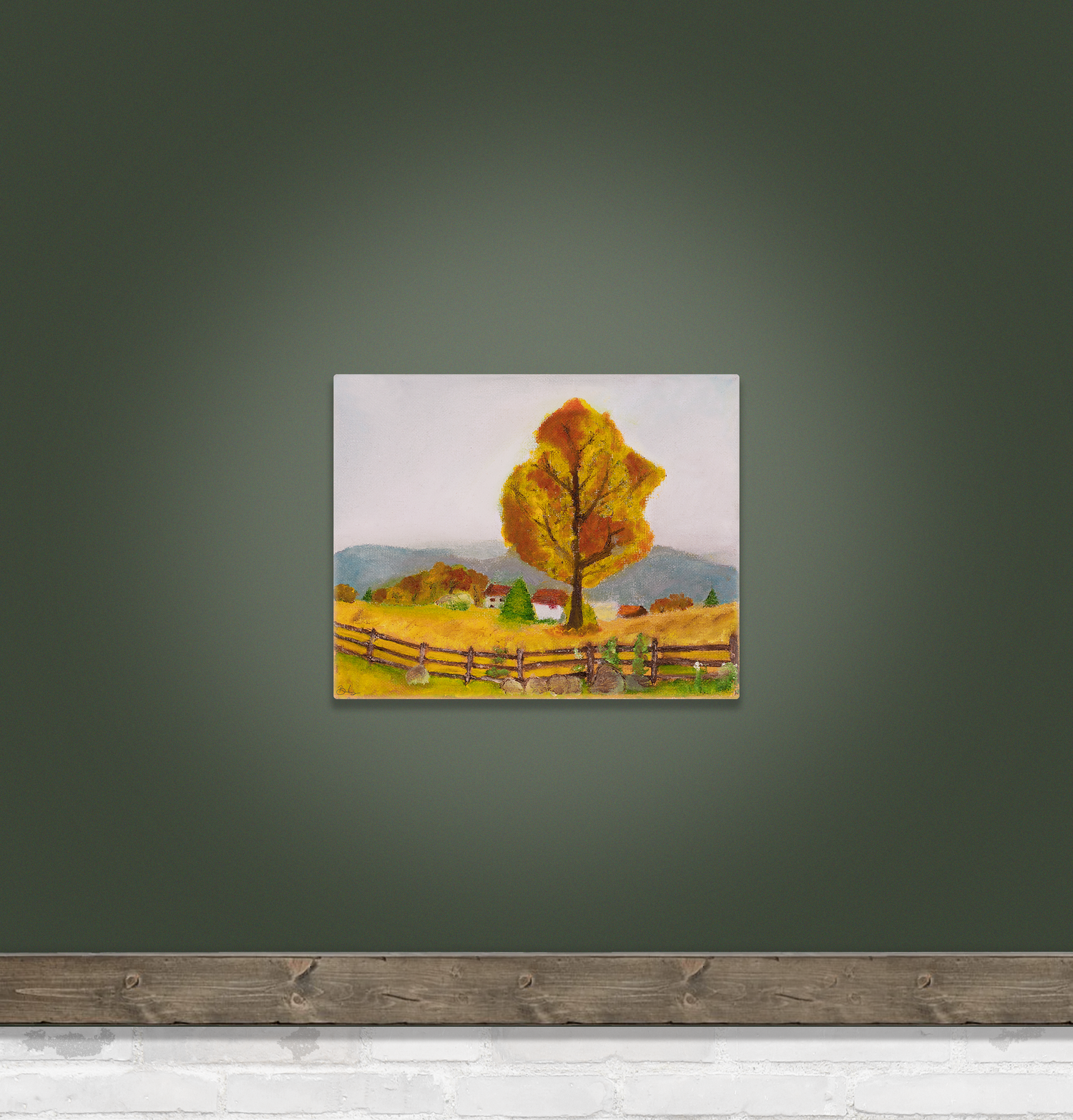 Painting of autumn tree with golden leaves in a rural landscape, surrounded by a wooden fence and green fields under a blue sky.