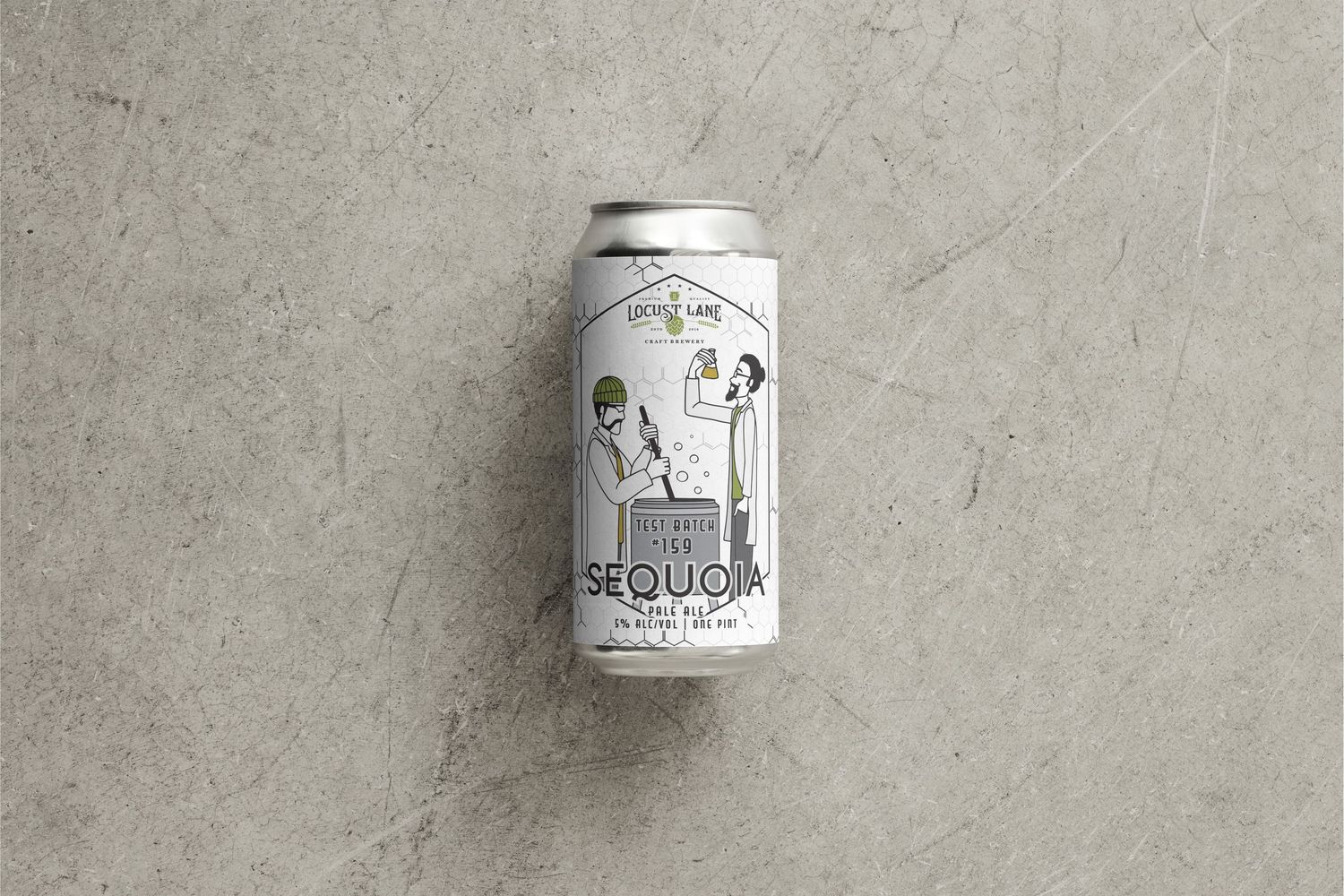 Image of a beer can featuring an illustration of two people in lab coats using brewing equipment to make a Test Batch on a white background.