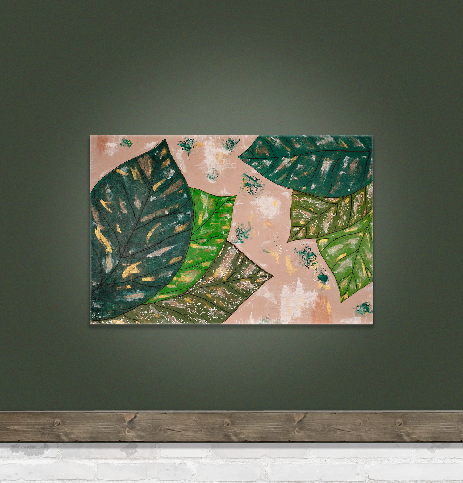 Abstract painting featuring large green tropical leaves with intricate patterns, set against a light pink and textured background.