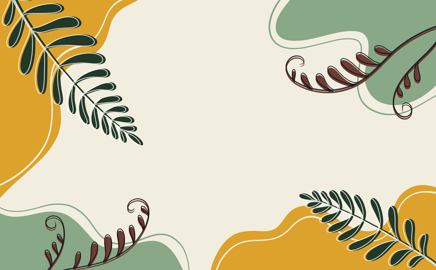 Abstract background with green and yellow organic shapes and stylized fern leaves.