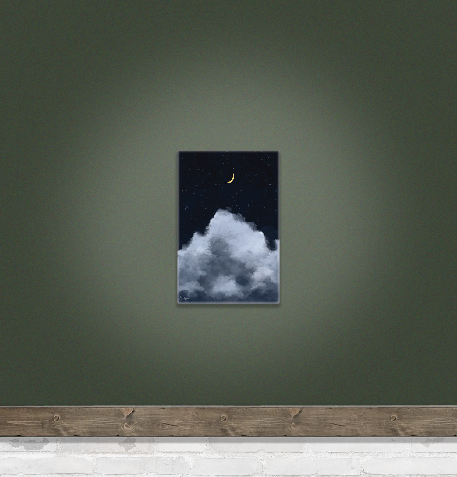 Dark painting of a crescent moon in a night sky, partially obscured by soft, dark clouds, minimalist celestial art.