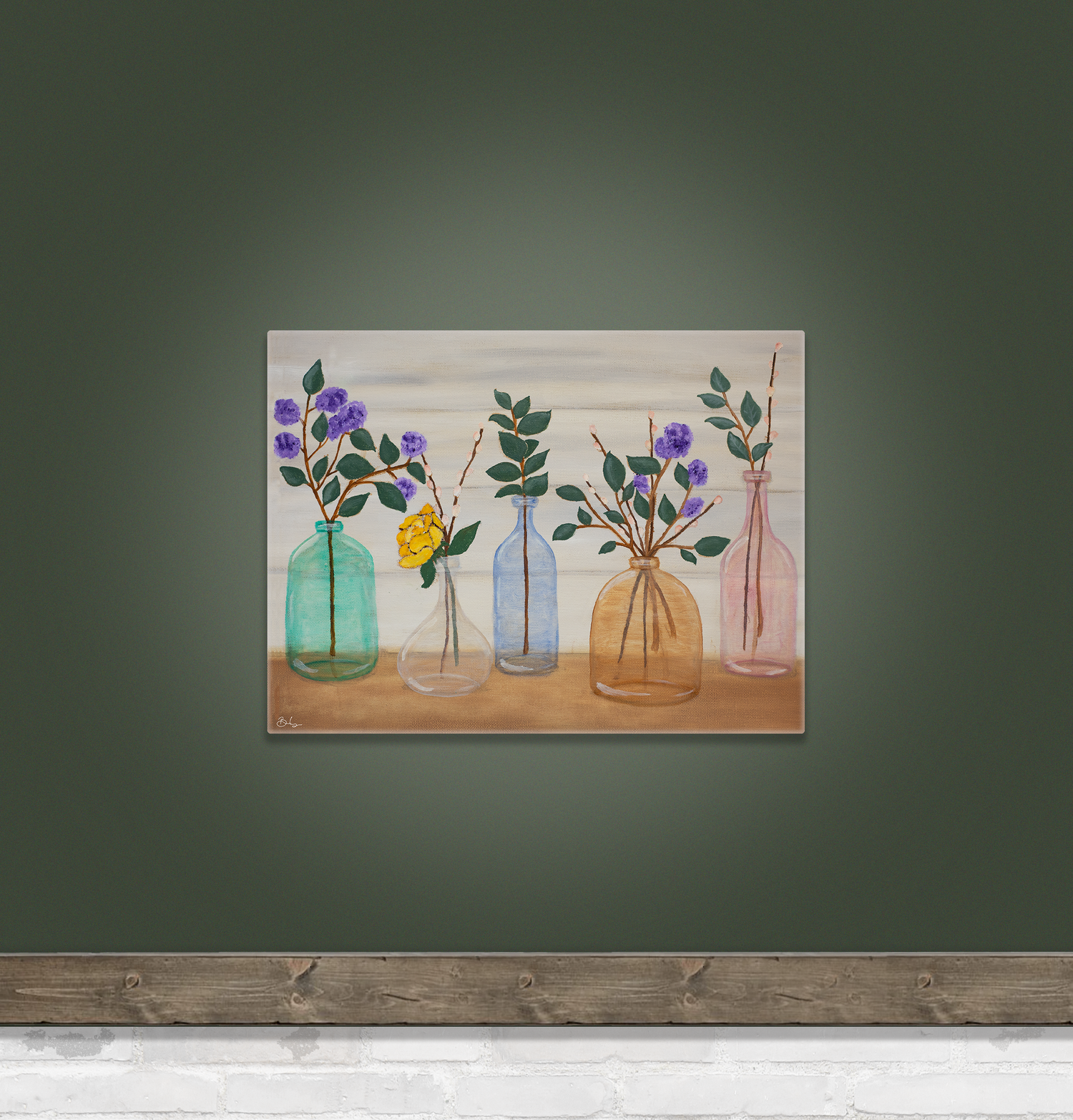 Still life painting featuring multiple glass vases holding colorful flowers and branches, arranged on a rustic wooden surface.