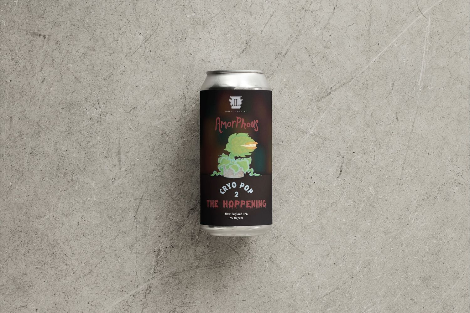 Image of a beer can with a label with Little Shop of Horrors looking hop plant. Beer name : Amorphous Cryo Pop 2 The Hoppening