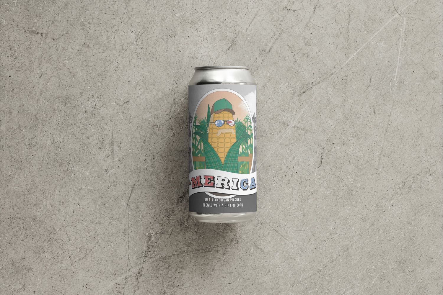 Image of a beer can featuring a cartoon illustration of a corn cob with a mustache wearing a trucker hat and aviator sunglasses.