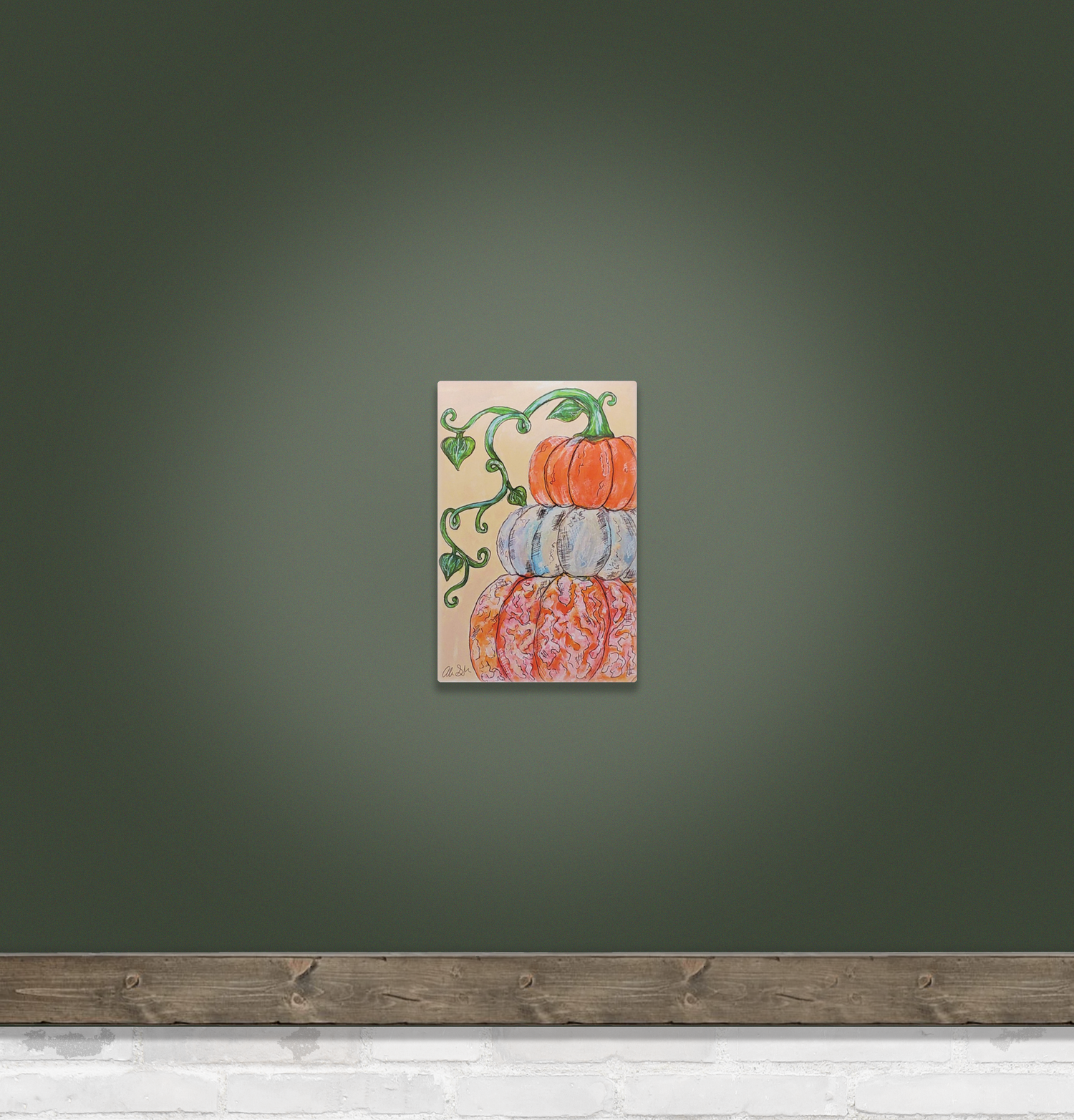 Paintings of three stacked pumpkins in various sizes, with green vines and leaves, set against a muted background, autumn harvest theme.