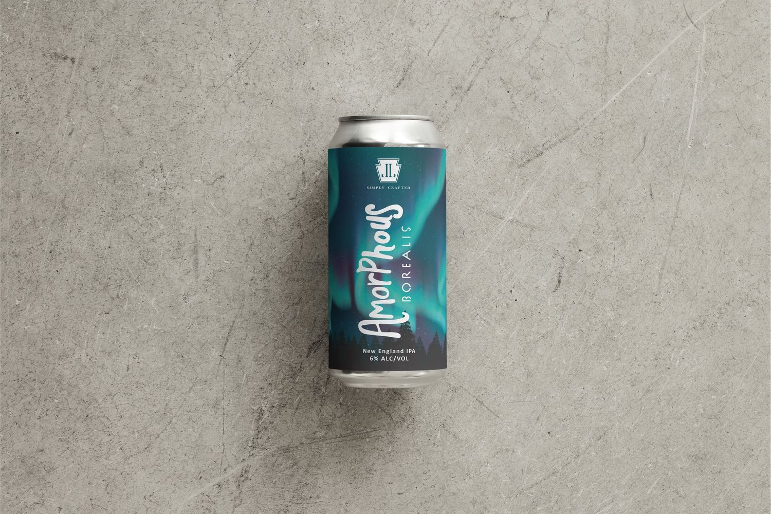 Image of a beer can with a label with the Northern Lights in the background. Beer name : Amorphous Borealis