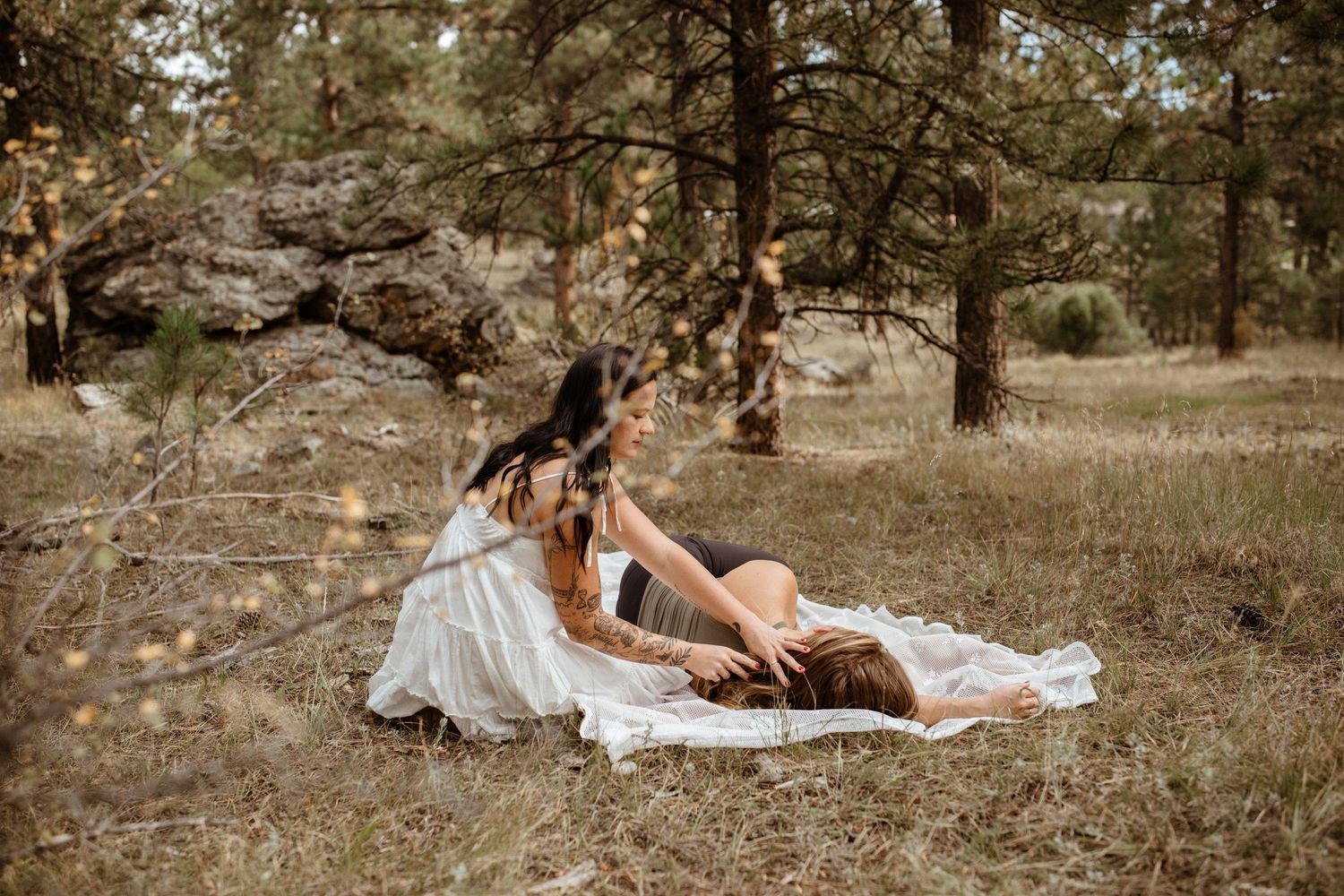 A romantic outdoor photo session among pine trees in warm natural lighting.