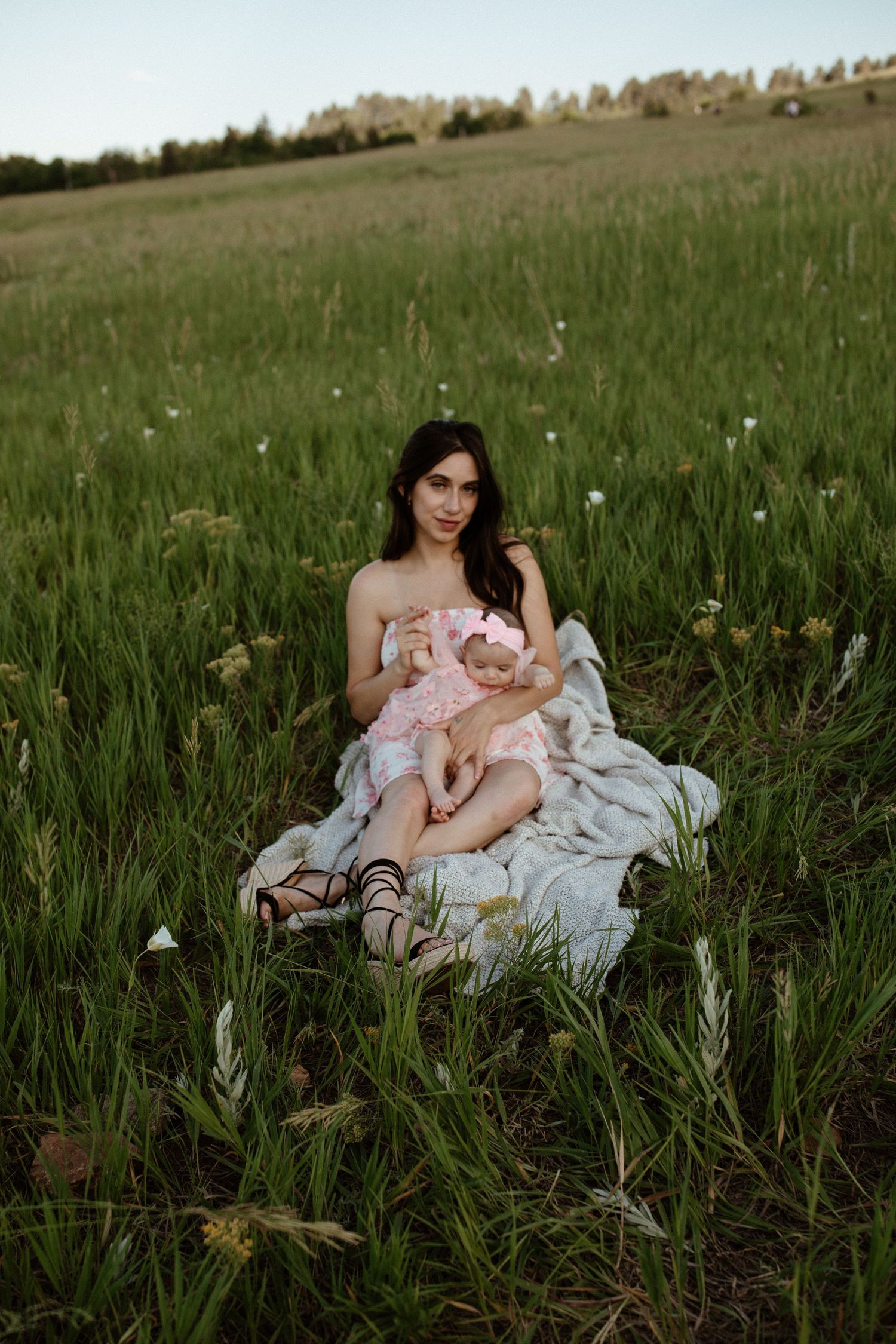 A peaceful afternoon scene in a wildflower meadow with mountains in the background.