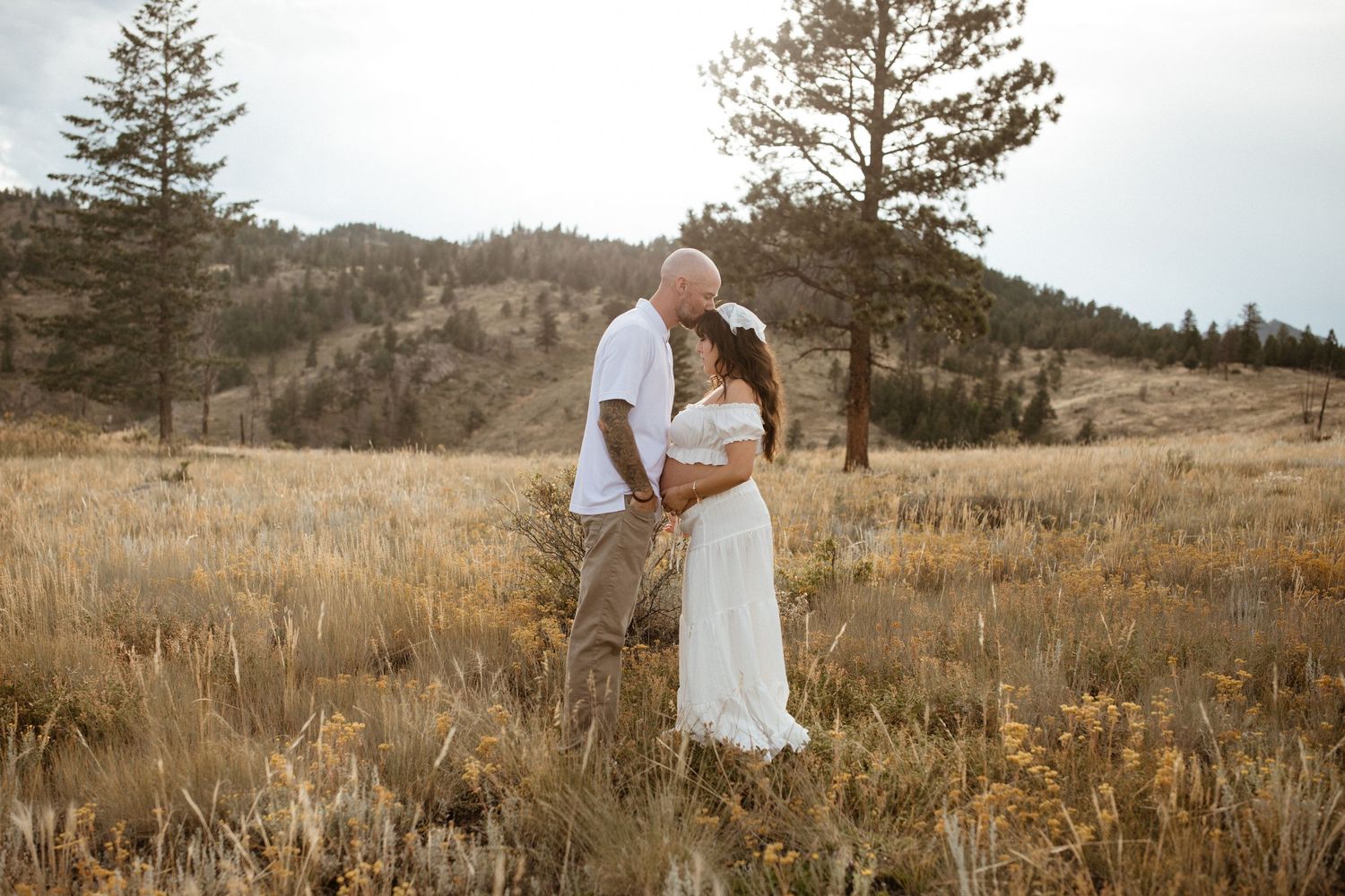 Couple embraces in a golden mountain meadow during sunset with evergreen trees in the background.