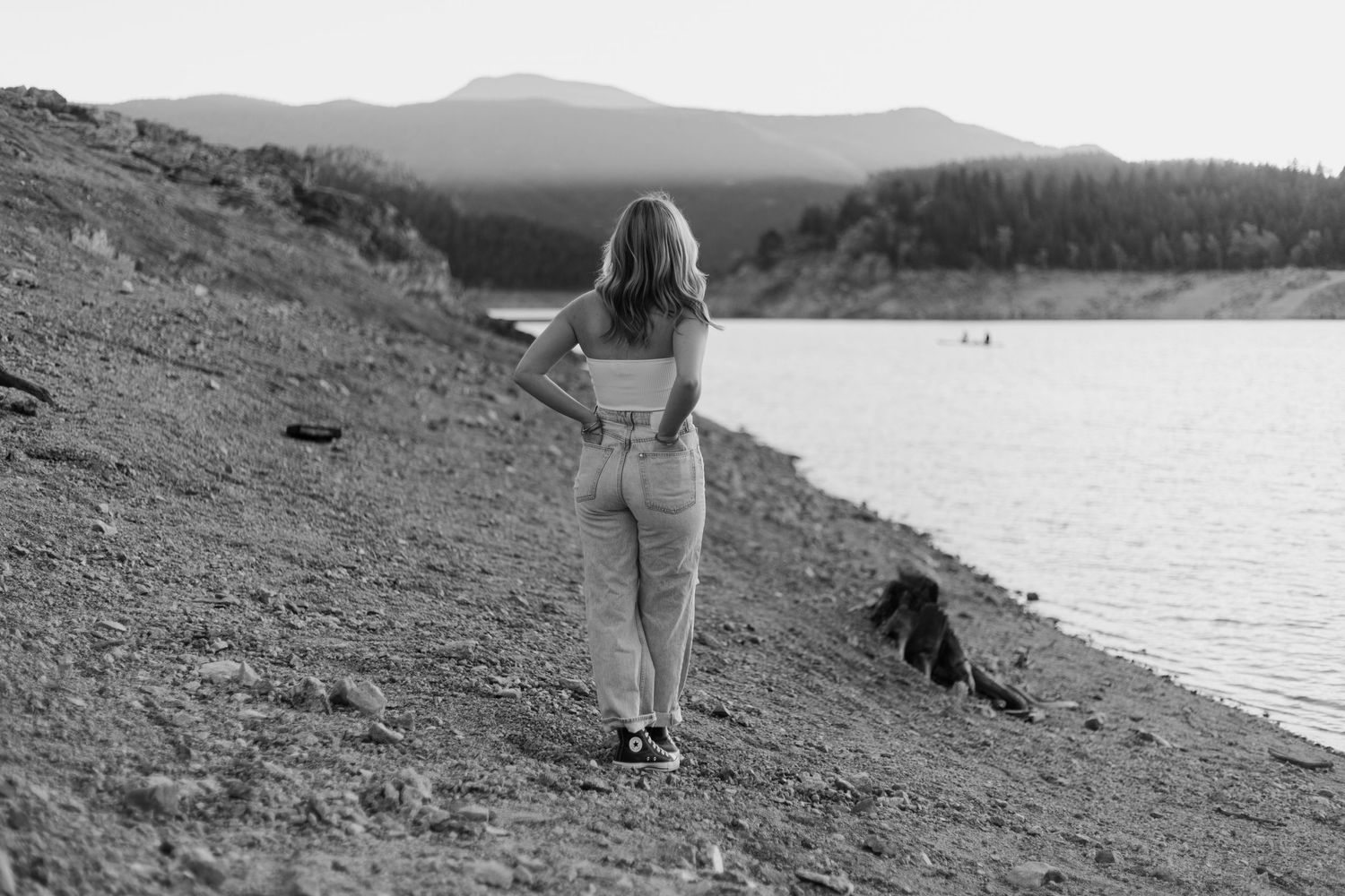 Rocky shoreline landscape with mountains and lake in black and white.
