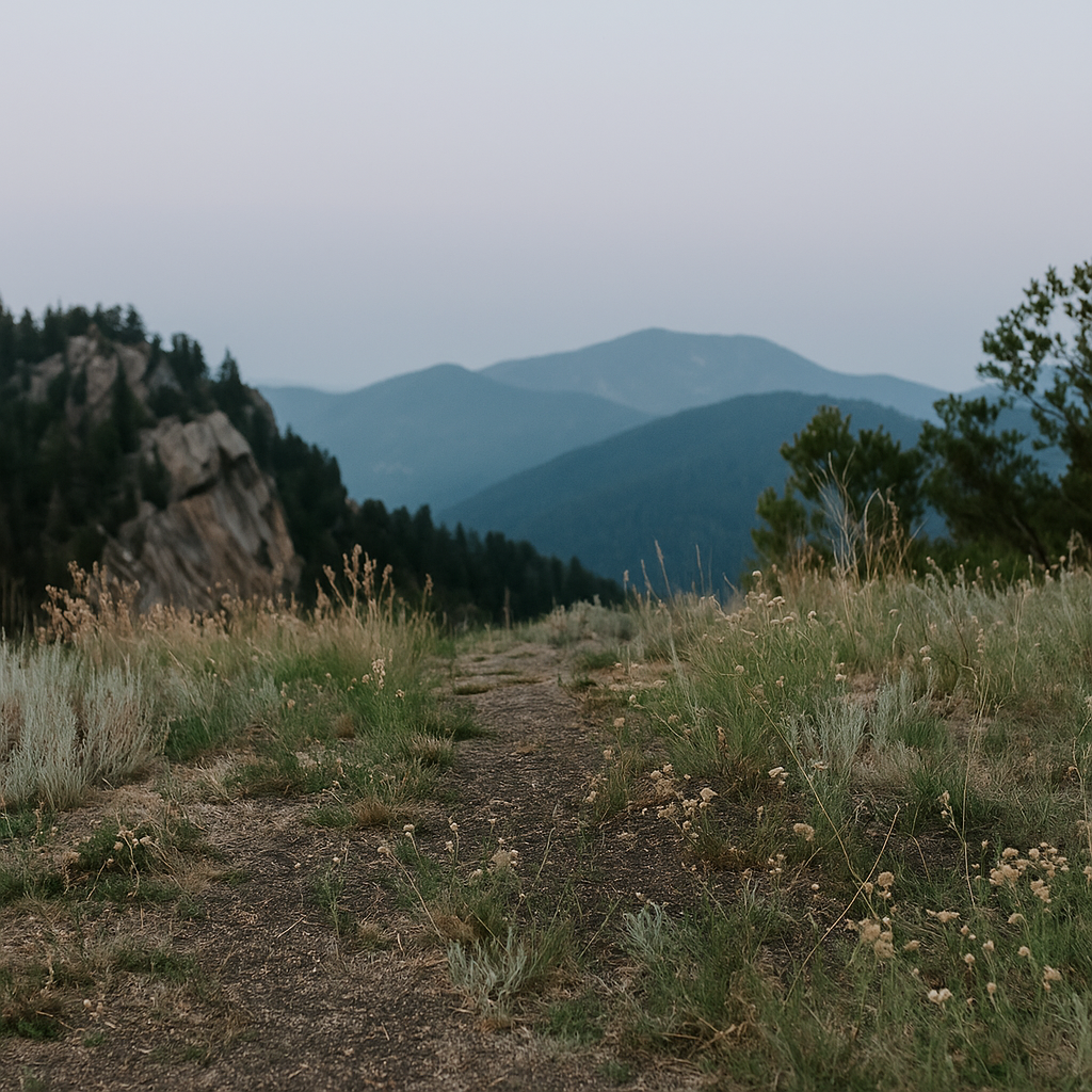 A winding dirt trail leads through mountain terrain with layered blue peaks in the distance.