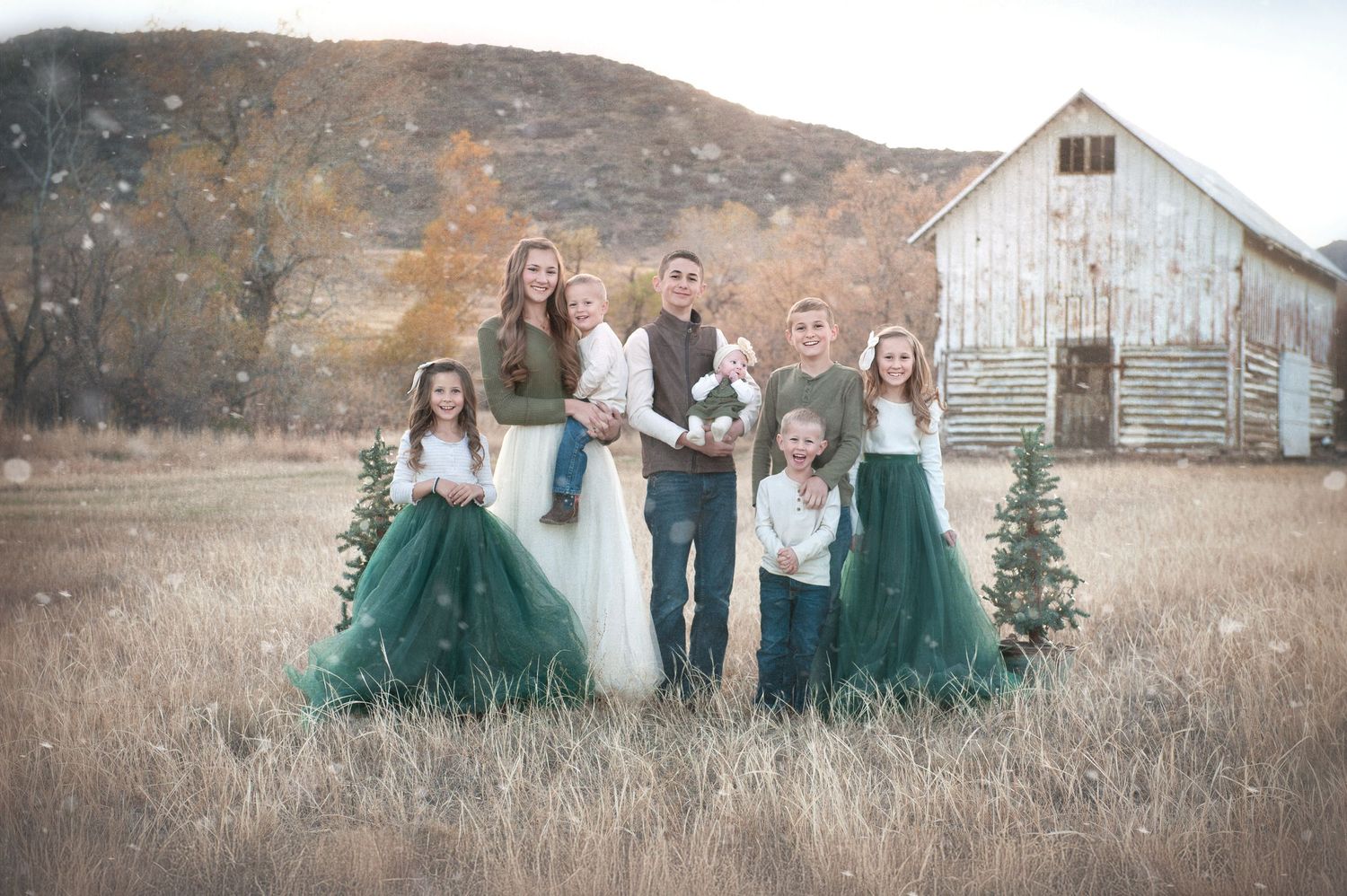 Family group posed in autumn field wearing matching emerald dresses near weathered barn.