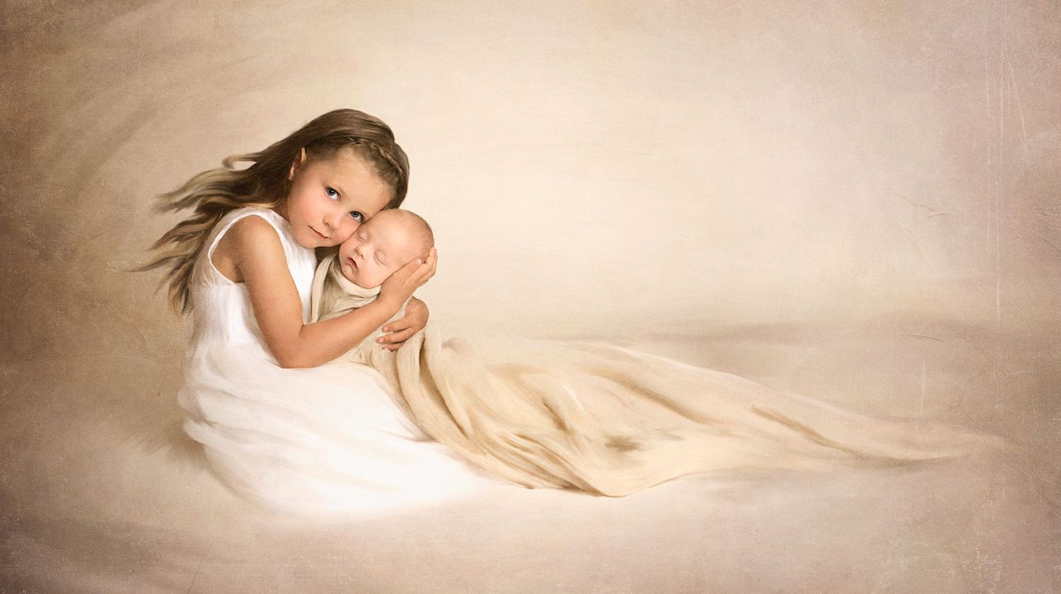 Tender moment captured in soft tones with figure in white holding sleeping baby.