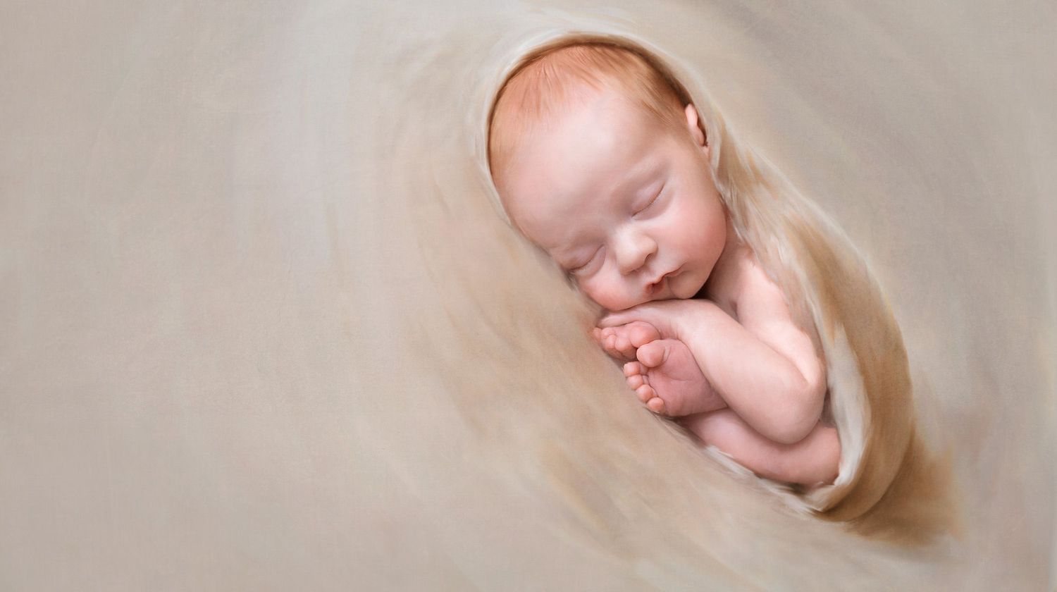 Peaceful sleeping newborn curled up in soft beige fabric.