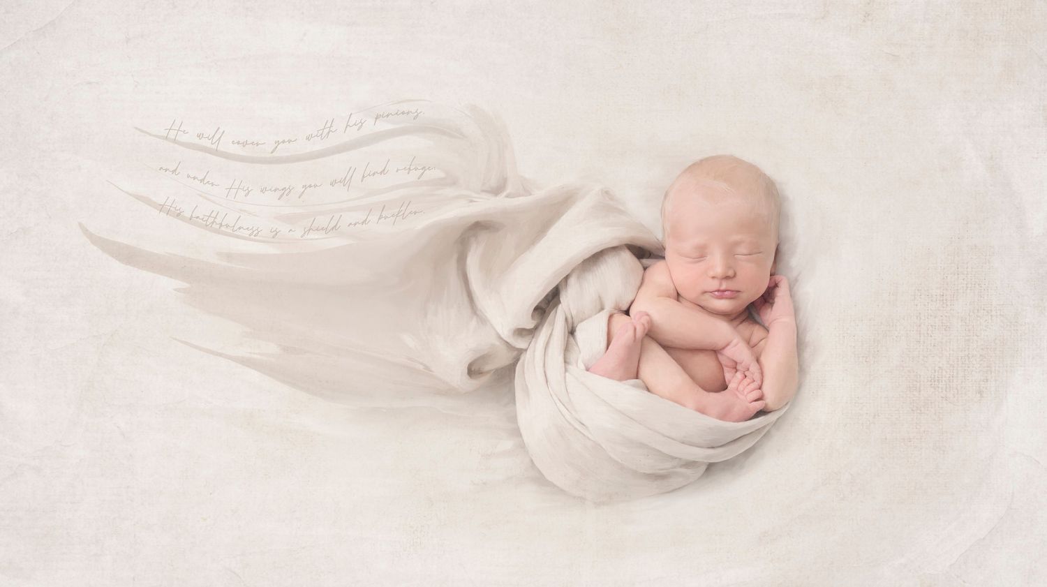 A series of connected photos shows a sleeping newborn baby swaddled in white cloth against a light backdrop.