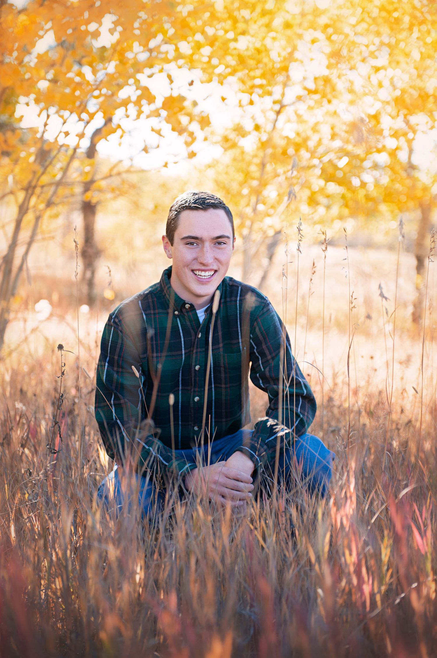 Crouching pose in tall grass with autumn foliage backdrop.