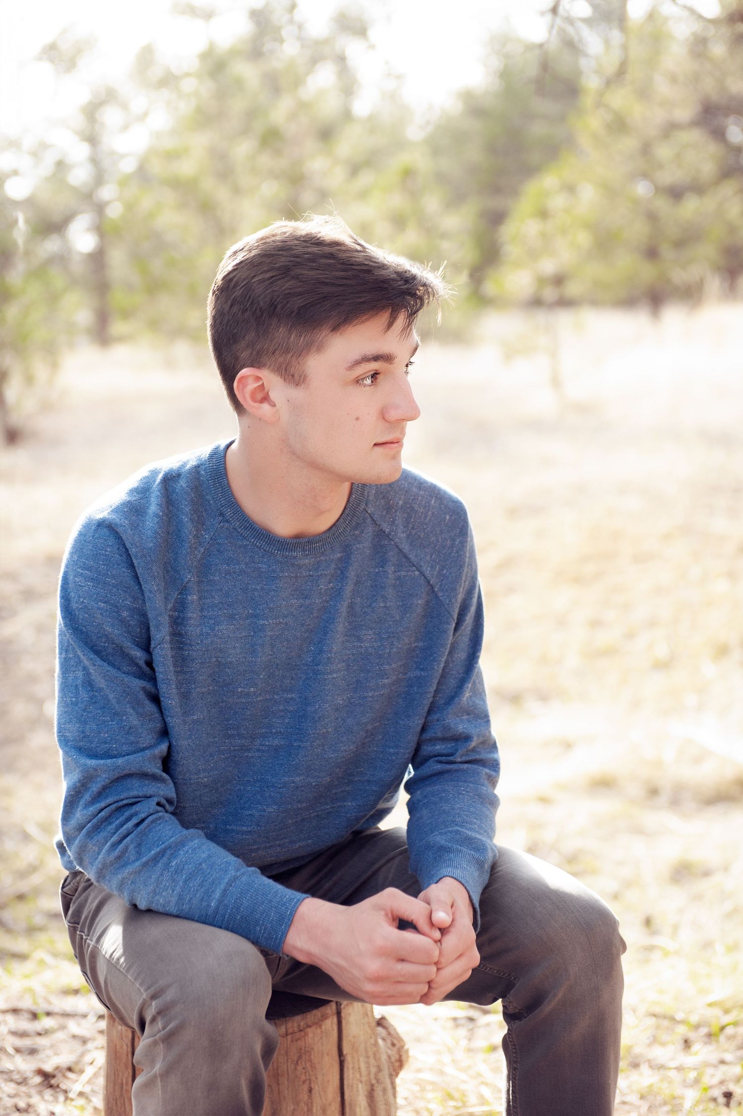 Person in blue sweater sitting thoughtfully on a log in a natural outdoor setting.