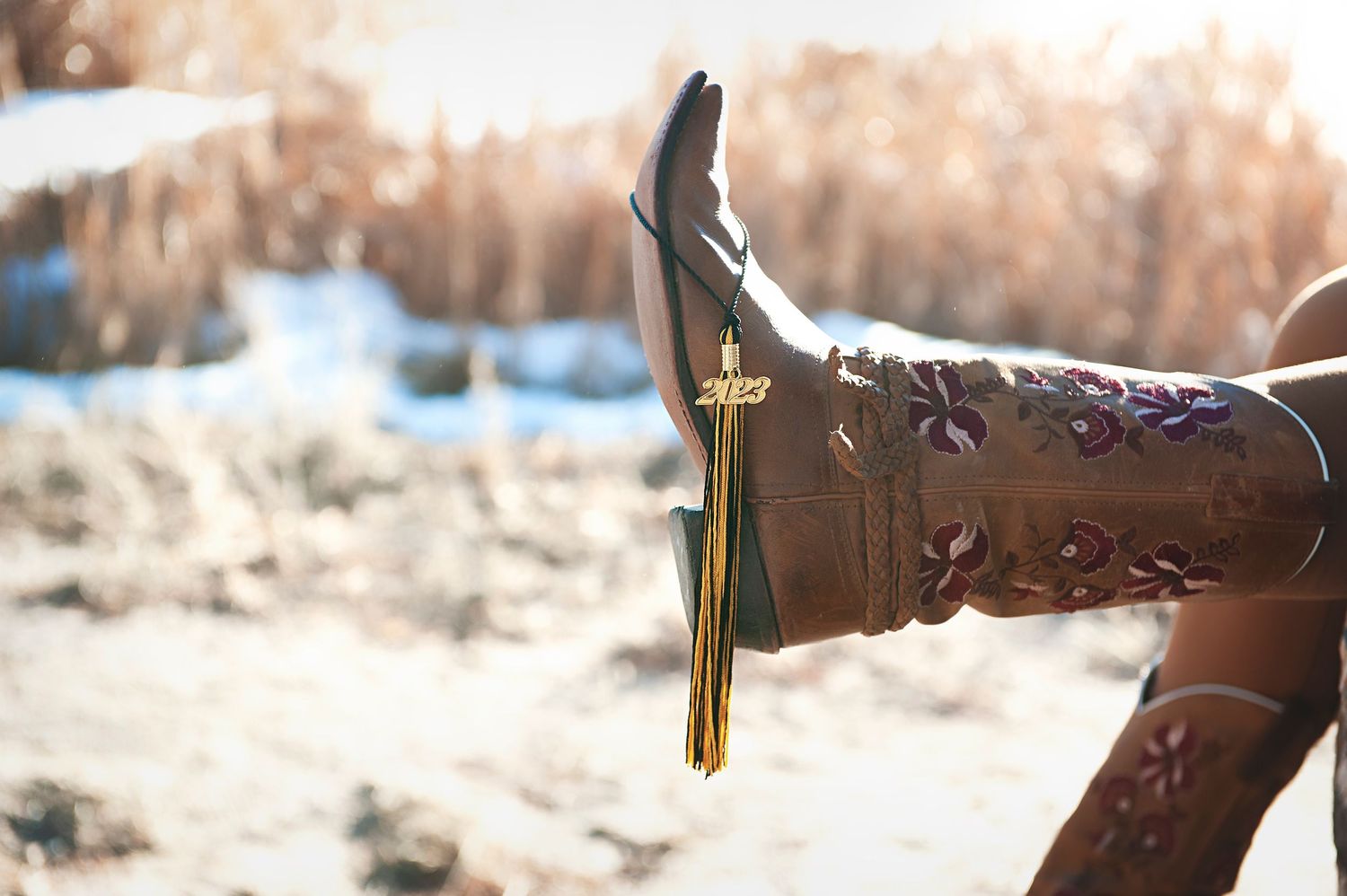 Close-up of decorative brown leather cowboy boot with cross detail against snowy background.