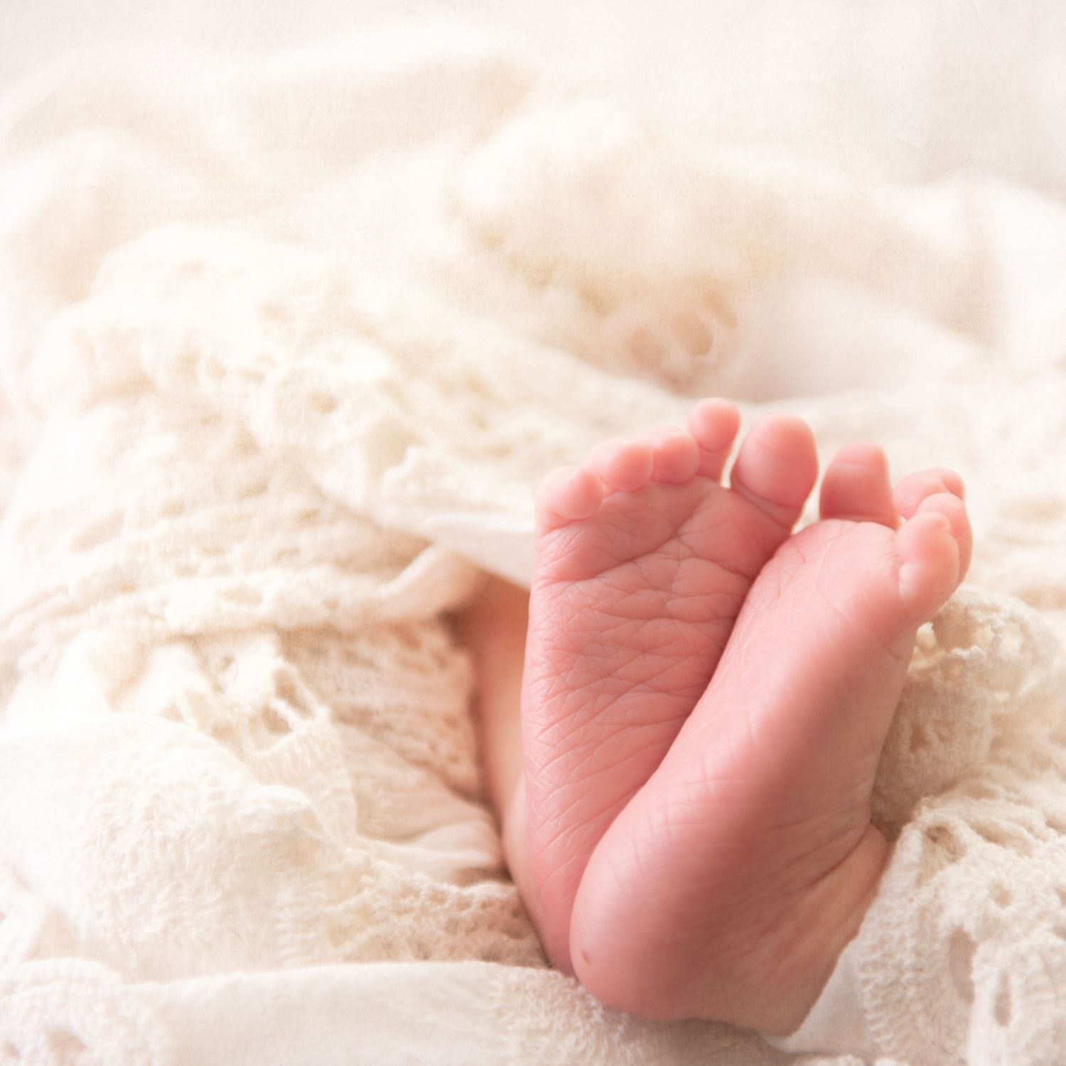 Tiny baby feet peeking out from cream colored lace during newborn photoshoot.