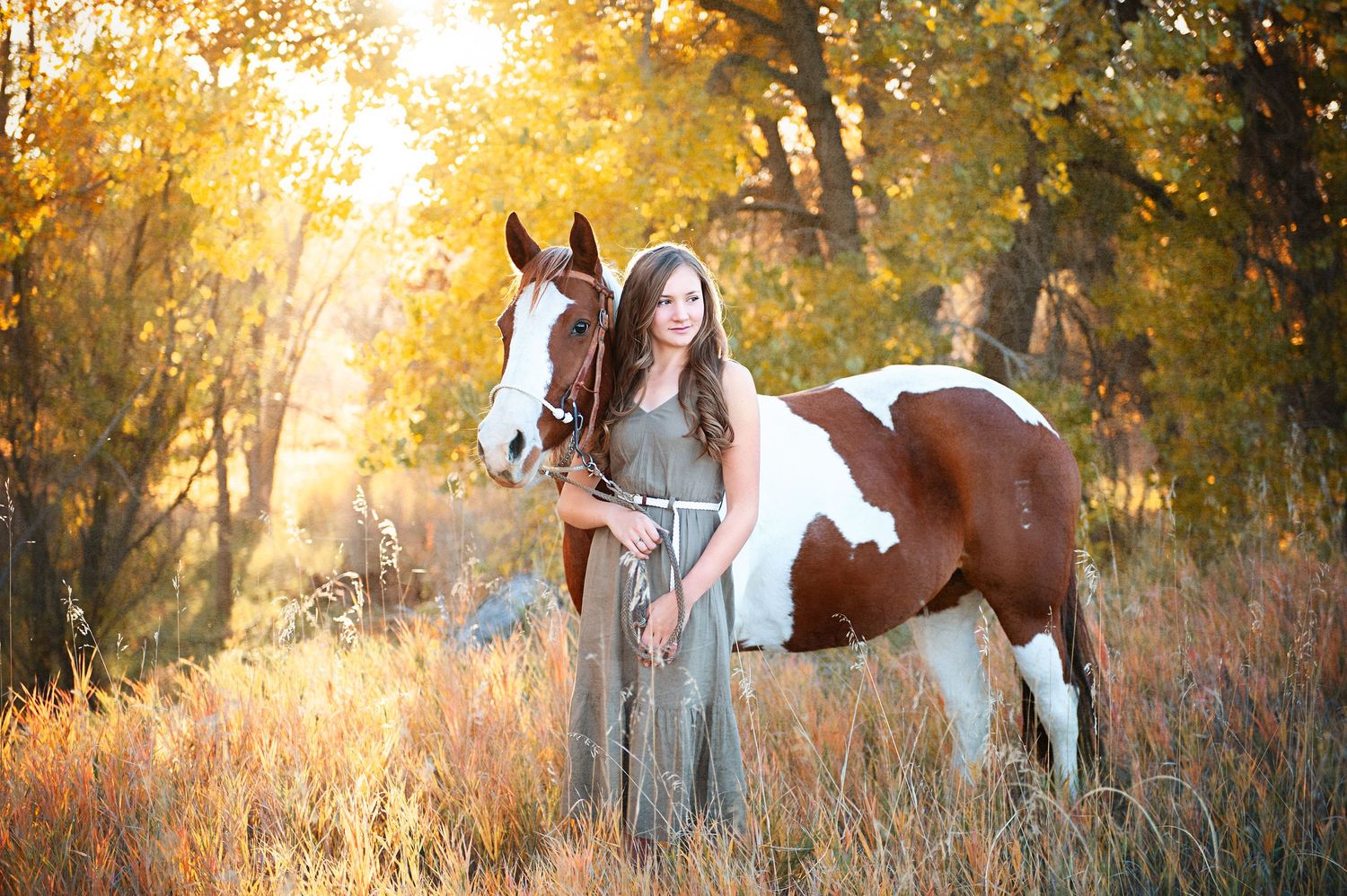 A woman in a gray dress poses with a paint horse in a golden autumn forest setting.