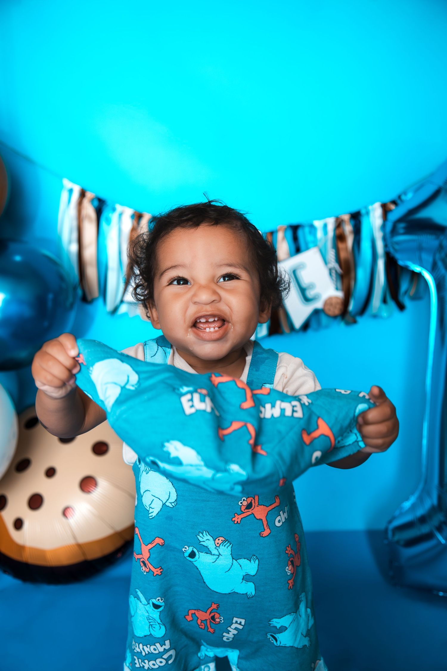 A joyful baby in a blue Elmo bib celebrates their first birthday surrounded by blue balloons and Cookie Monster decorations.