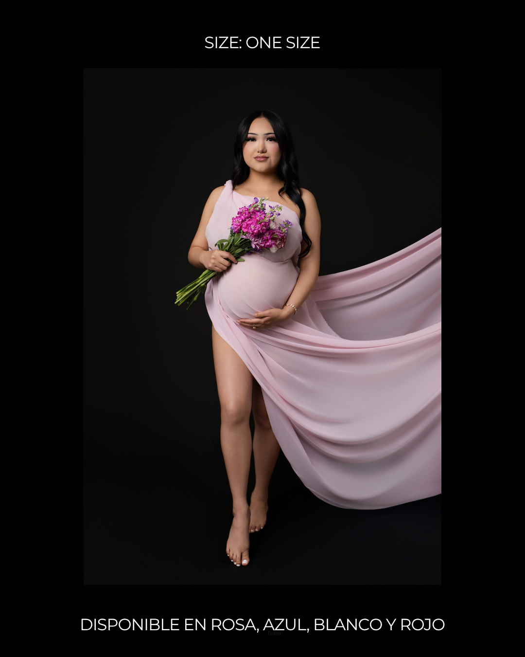 Pregnant woman in pink flowing maternity gown holding purple flowers, available in pink, blue, white, and red, one size.