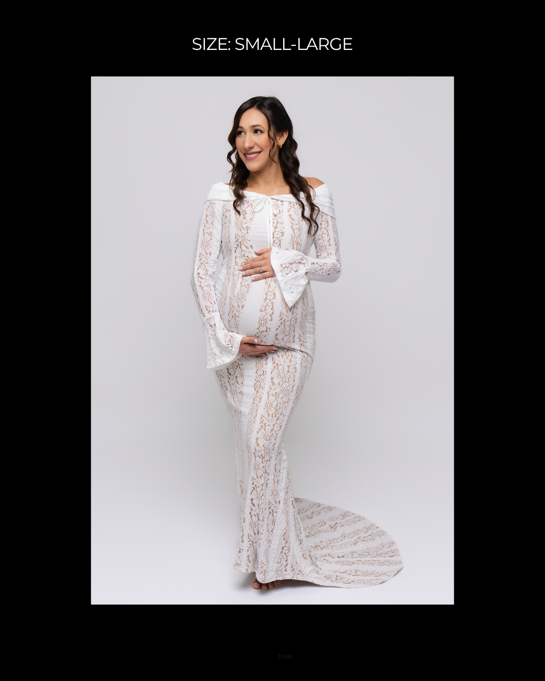 Pregnant woman in white lace off-shoulder bell sleeve maternity gown with train, sizes small-large.