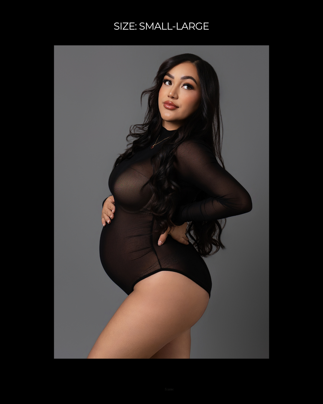 Pregnant woman in black sheer long-sleeve bodysuit maternity photoshoot, size small-large, studio portrait.